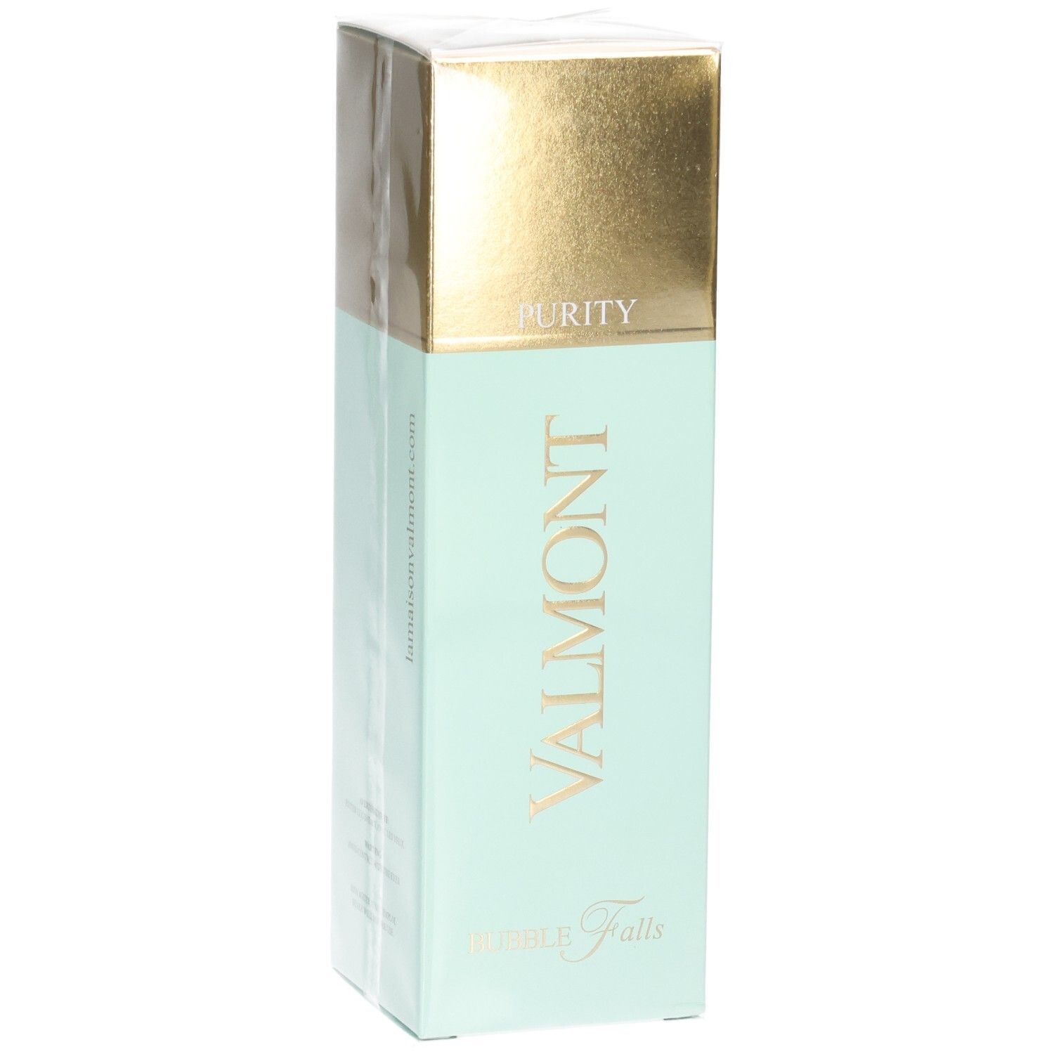 Valmont Bubble Falls Verpackung mit goldener Kappe, mintgrünem Körper und Produktnamen.