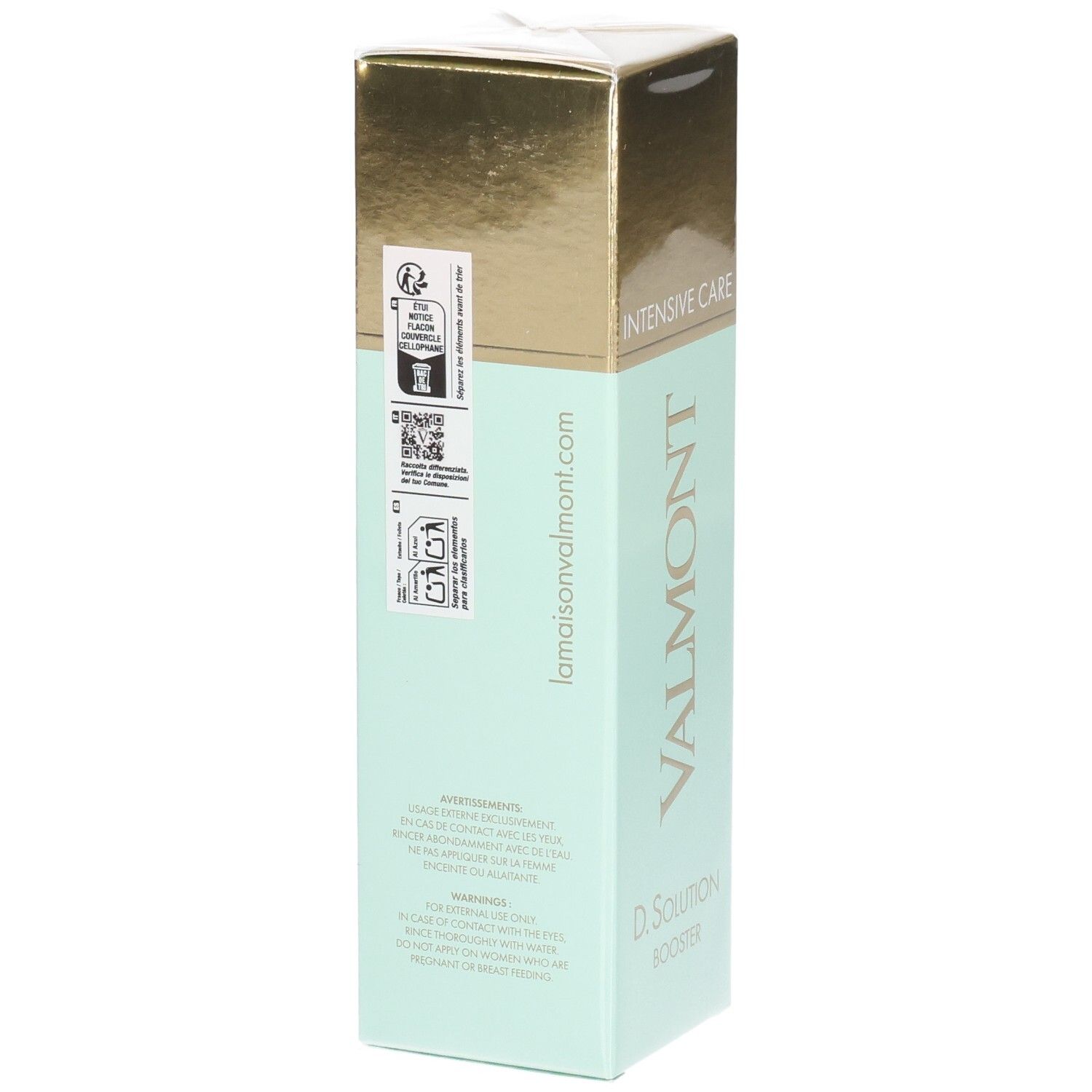 VALMONT D. Solution Booster Intensive Care Flakon mit Seitenansicht und Siegeln.