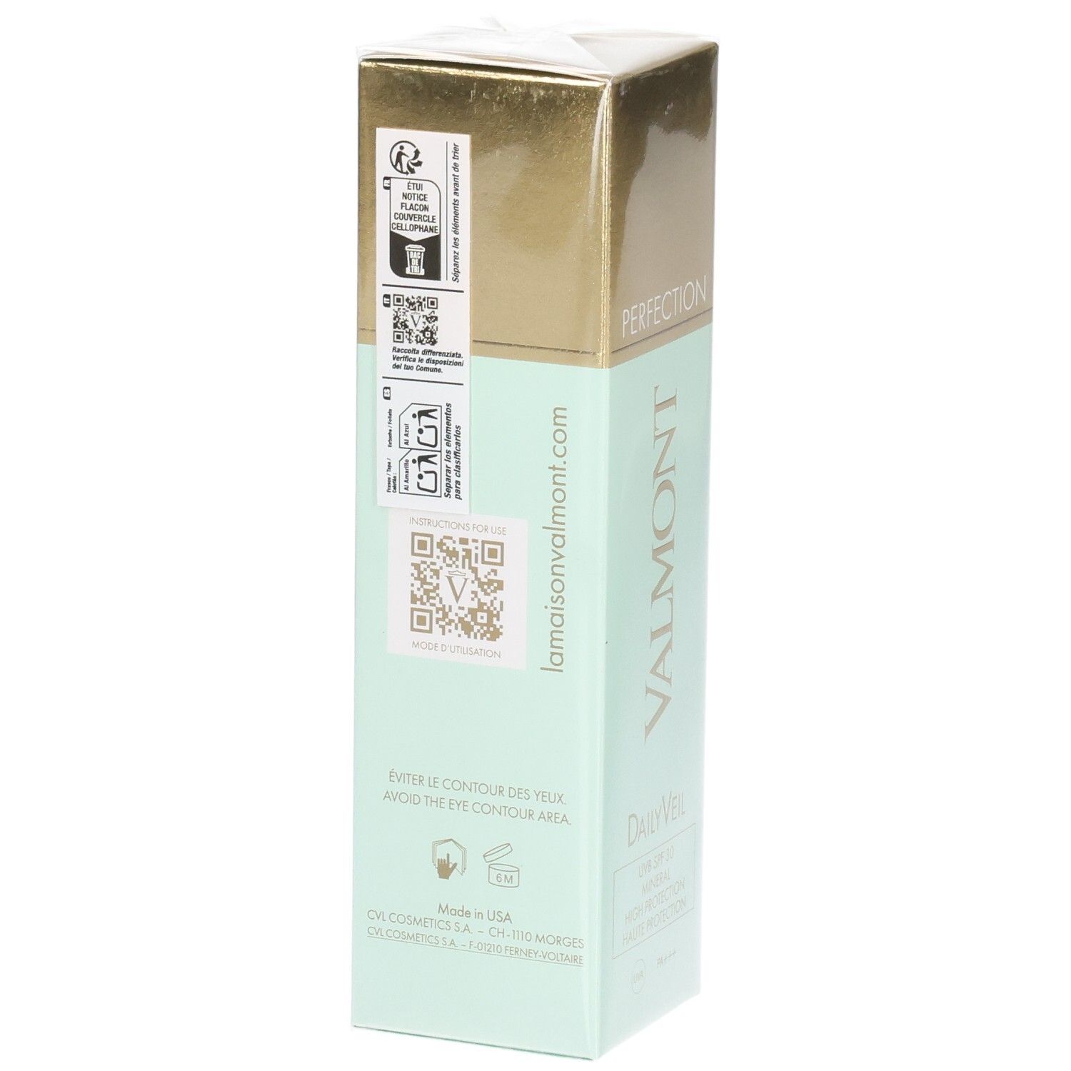 VALMONT Daily Veil SPF30 Rückseite der Verpackung mit QR-Codes und Website-Angabe.