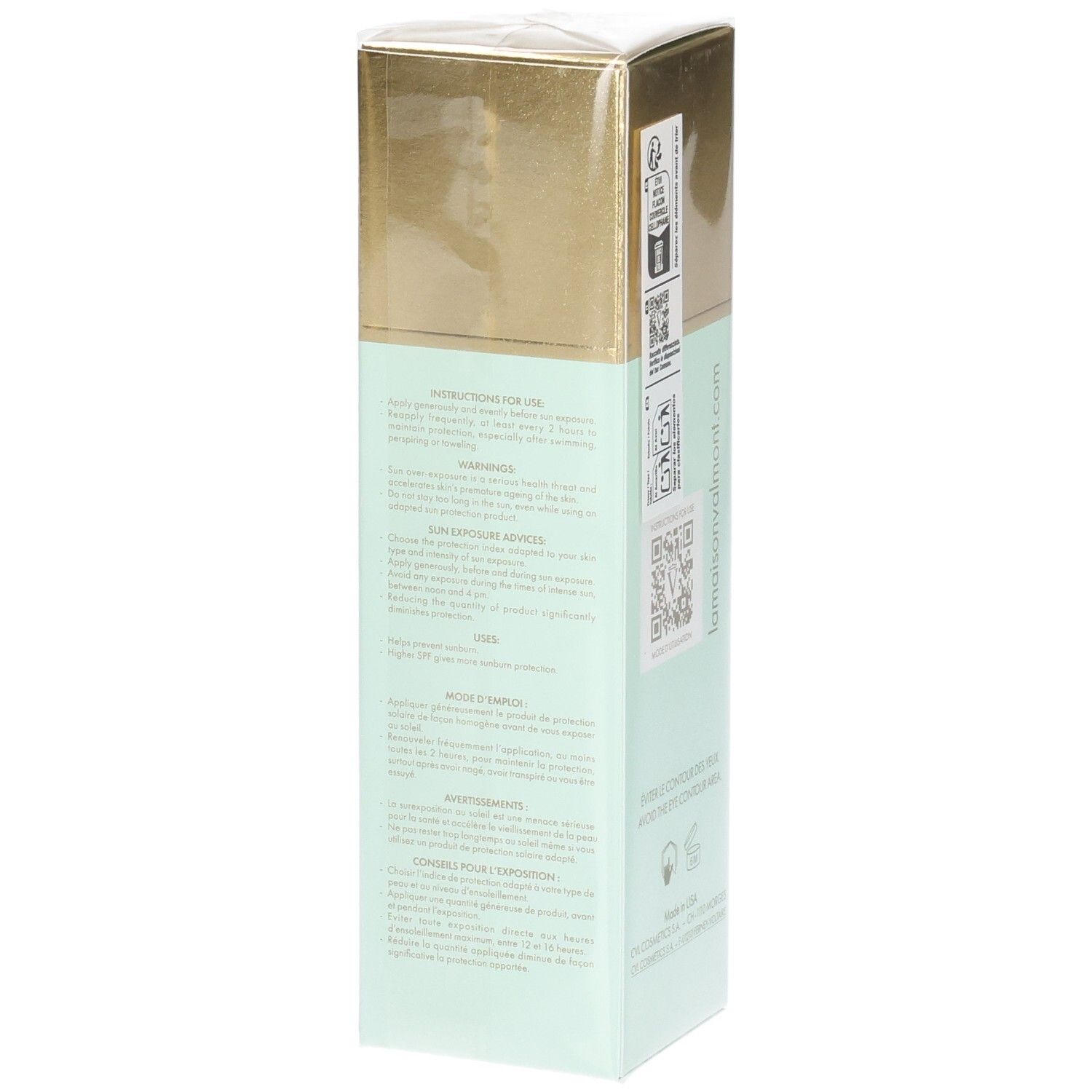 VALMONT Daily Veil SPF30 Verpackung mit Anwendungshinweisen und Warnhinweisen.