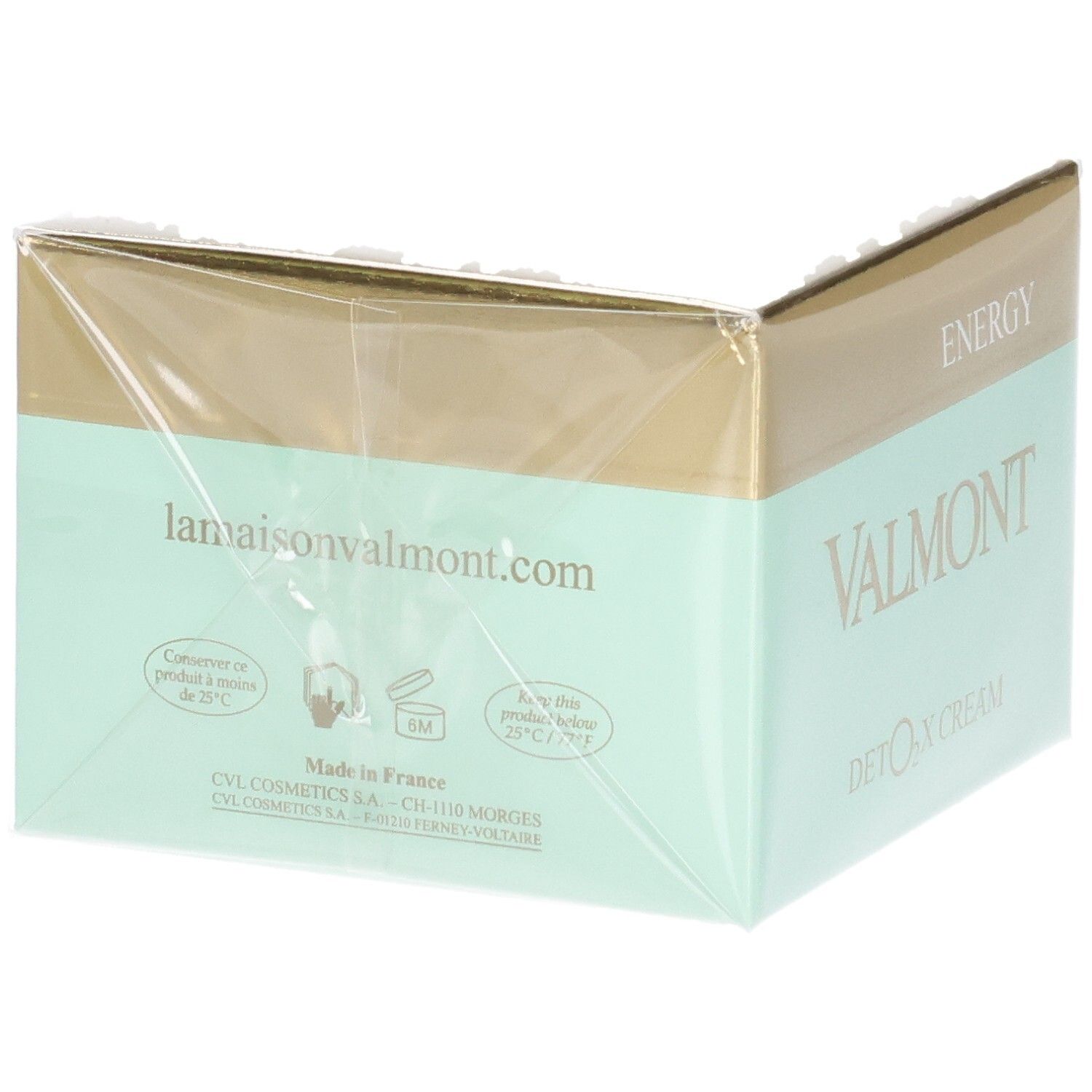 Valmont Deto2x Cream Verpackung mit Website und Herkunftsangabe.