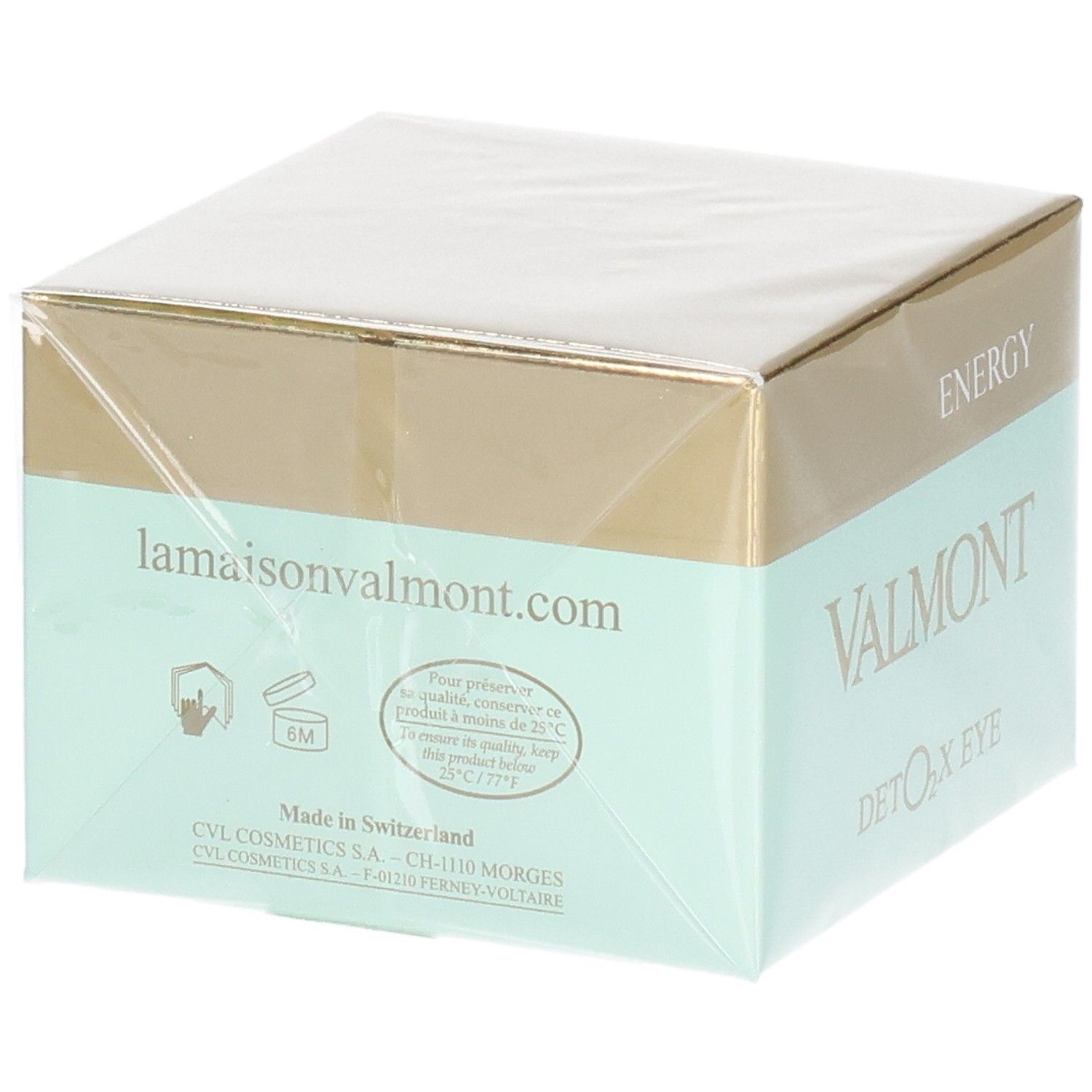 VALMONT Deto2X Eye Verpackung, Rückseite mit Inhaltsstoffen und Website.