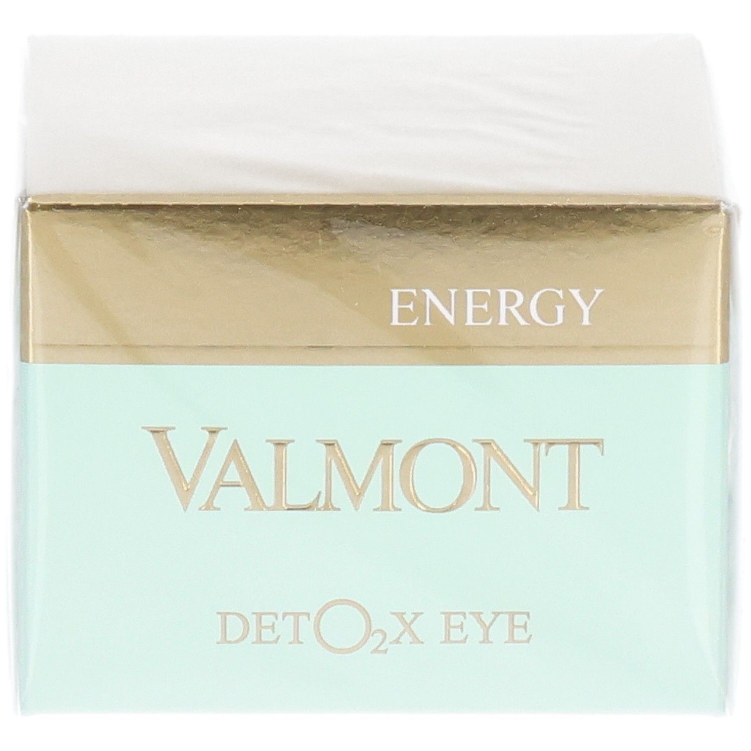 VALMONT Deto2X Eye Verpackung, Vorderseite mit gold- und mintgrünen Akzenten.