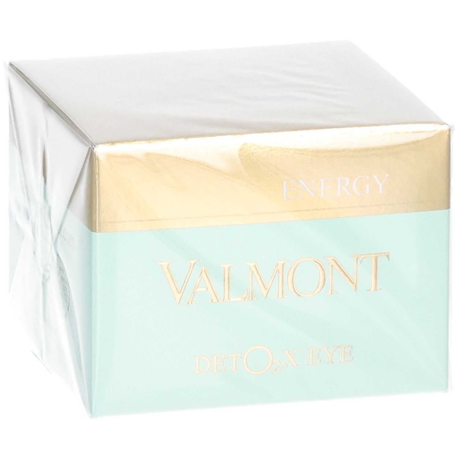 VALMONT Deto2X Eye Verpackung, schräge Ansicht mit gold- und mintgrünen Akzenten.
