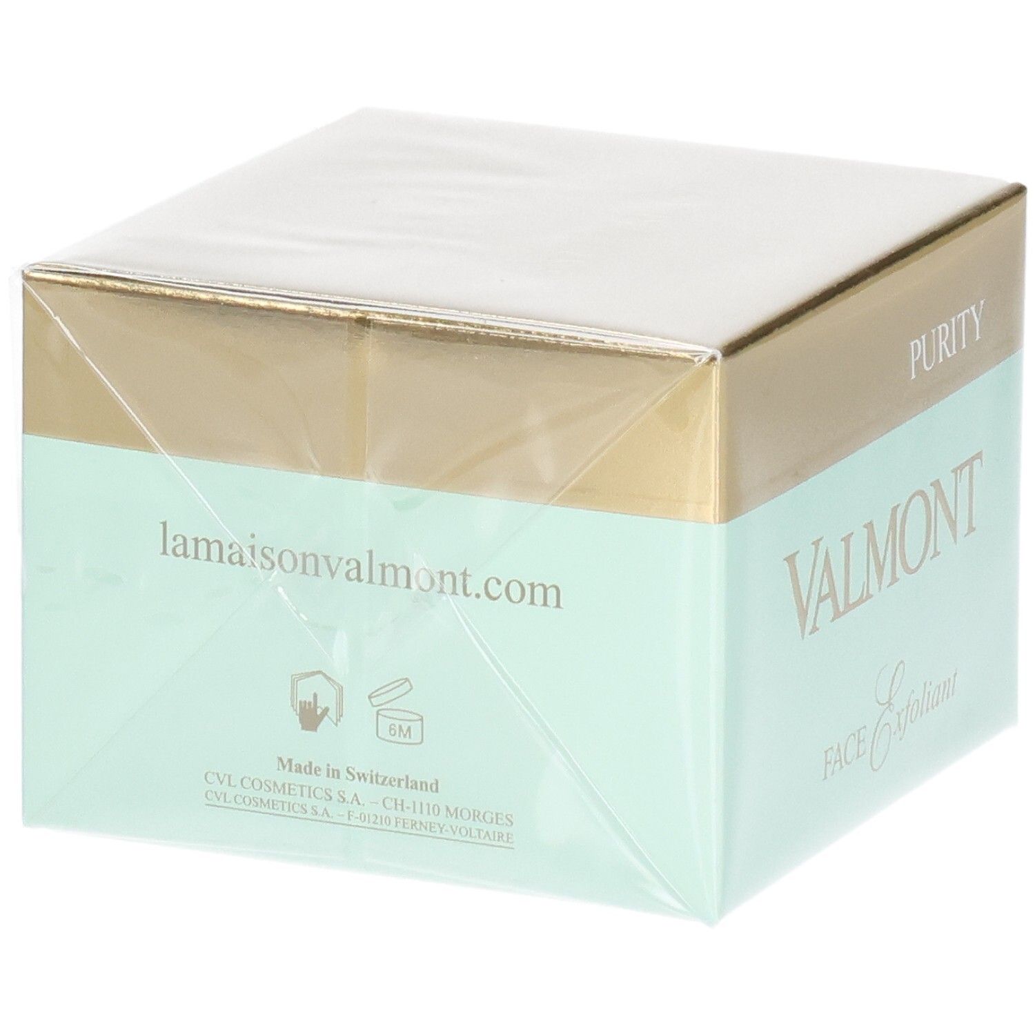 Valmont Purity Face Exfoliant Cream Verpackung mit Website und Herkunftsangabe.