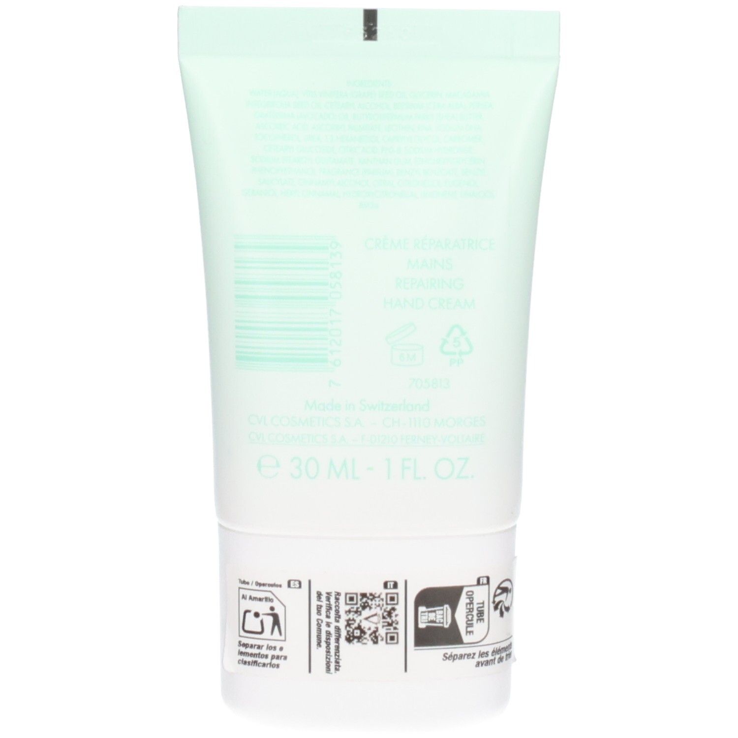 Rückseite der VALMONT Hand 24 Hour Handcreme Tube. Enthält Barcode, Herstellungsort und Volumenangabe (30ml).