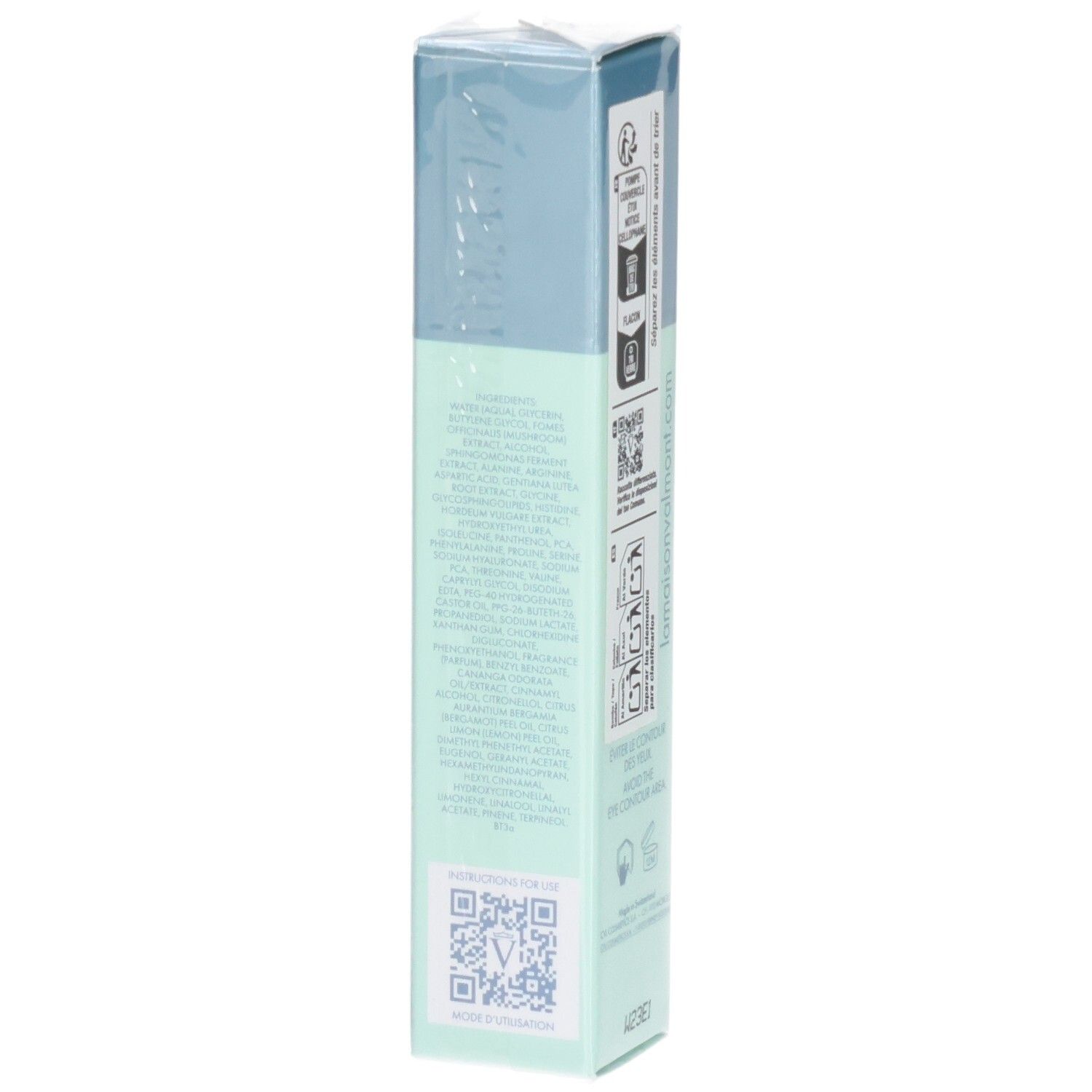 VALMONT Hydra3 Booster Serum Verpackung, Seite mit detaillierten Produktinformationen. Hellgrüne und blaue Box.