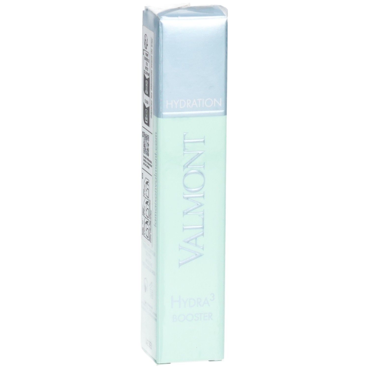 VALMONT Hydra3 Booster Serum Verpackung, Seite mit Markenlogo und Produktbezeichnung. Hellgrüne und blaue Box.