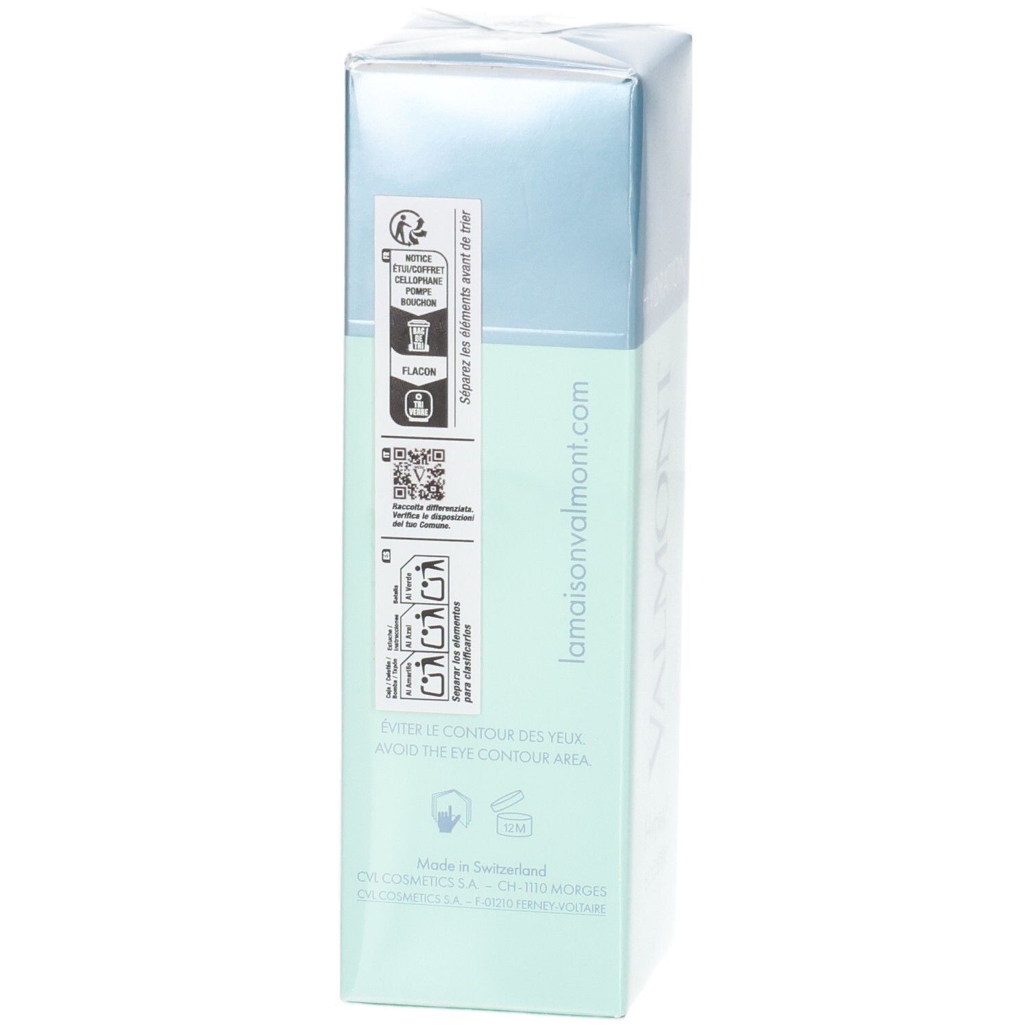 VALMONT Hydra³ Booster Flakon, Rückseite mit Zertifizierungen und Website.