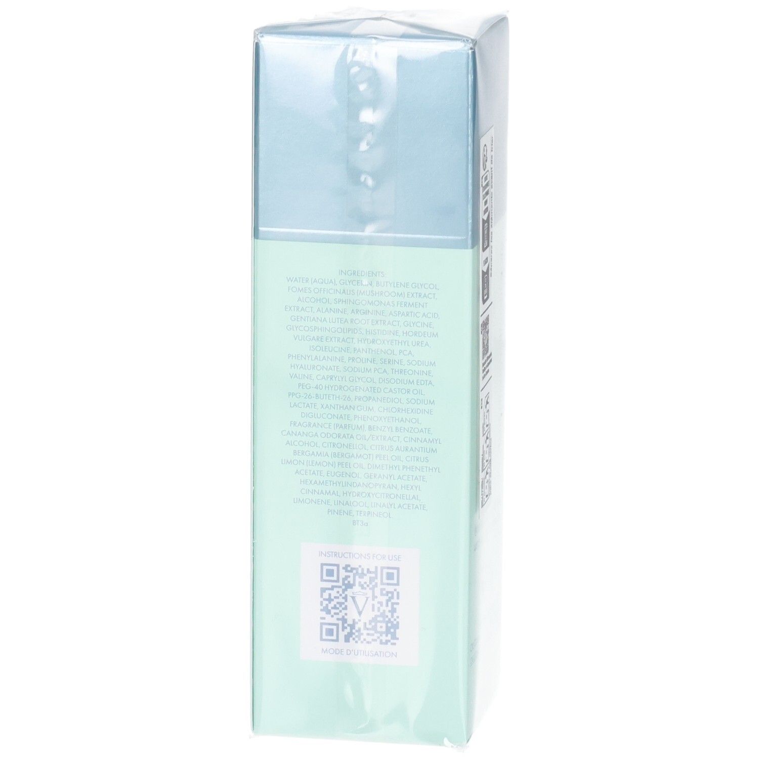 VALMONT Hydra³ Booster Flakon, Seite mit Inhaltsstoffen und QR-Code.