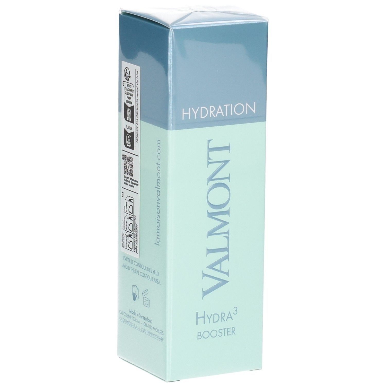 VALMONT Hydra³ Booster Flakon, Seite mit Zertifizierungen und Website.
