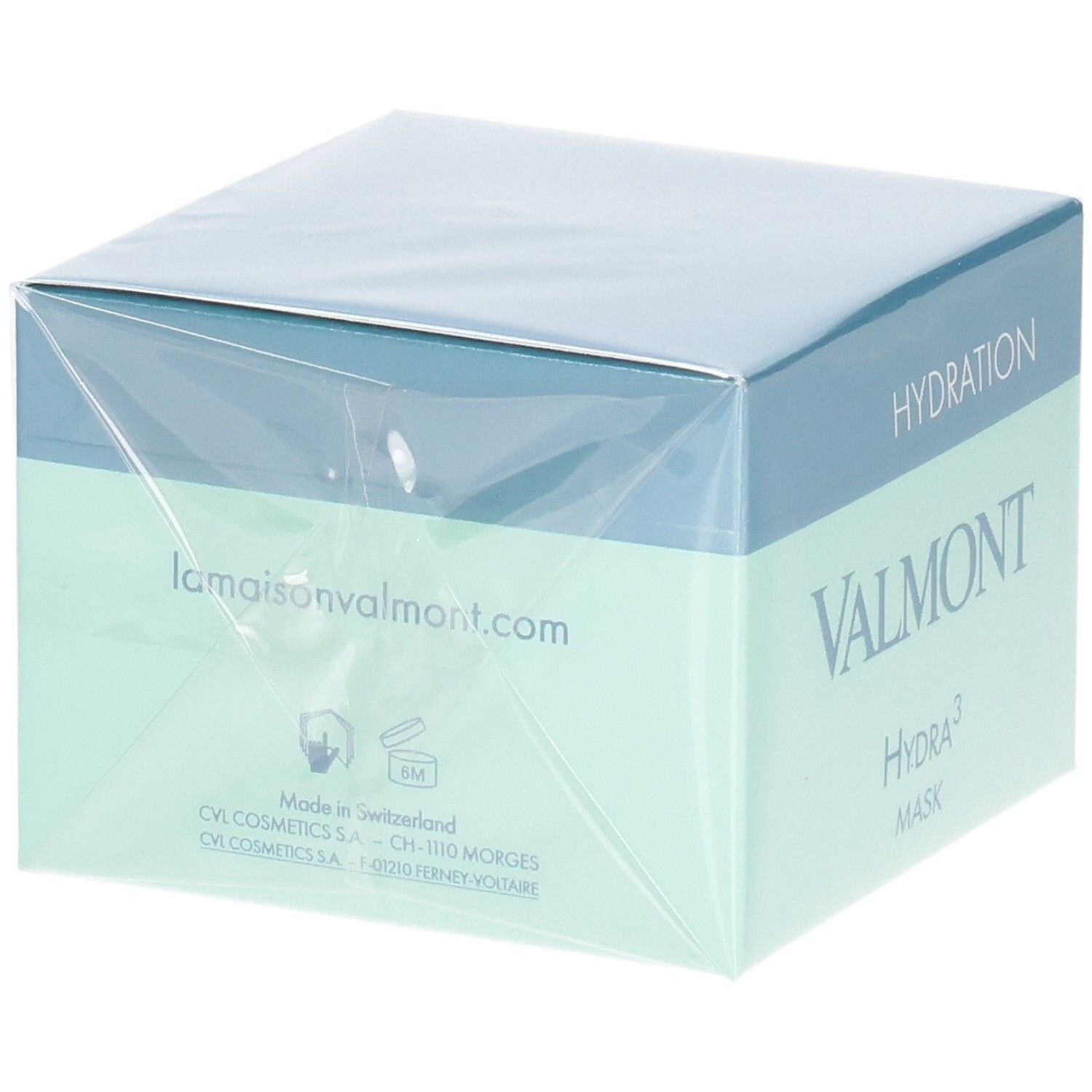 Valmont Hydra³ Mask Verpackung, Rückseite mit Website und Herstellungsangaben.