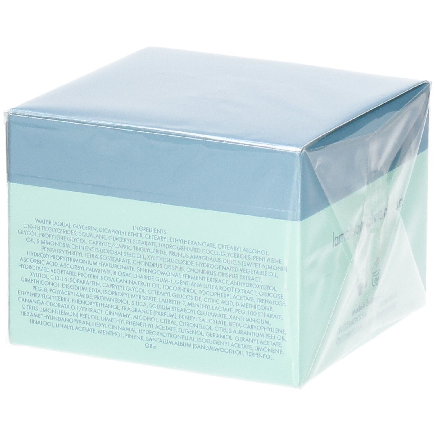 Valmont Hydra³ Mask Verpackung, Seite mit Inhaltsstoffliste.