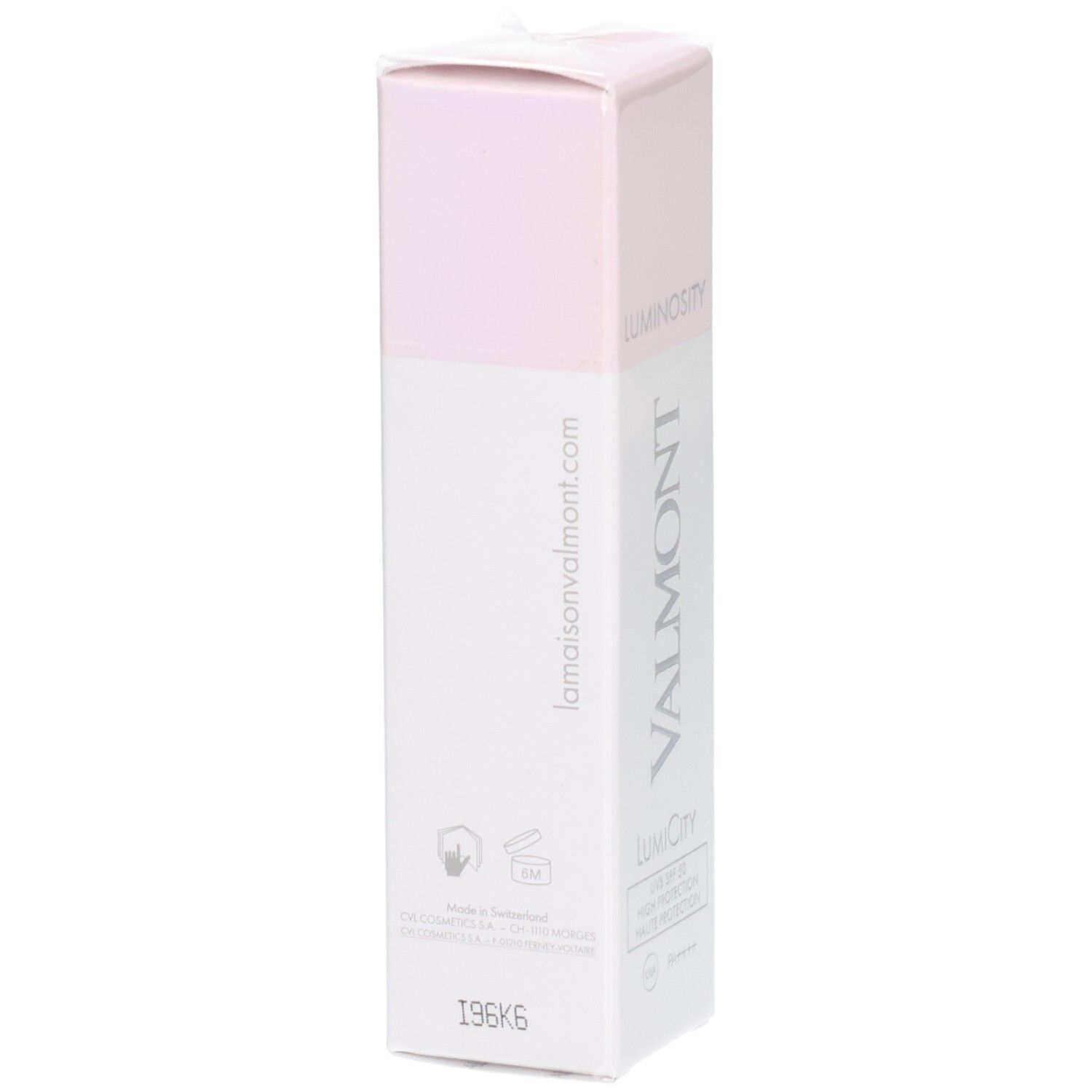 VALMONT LumiCity Tagescreme mit LSF 50, 15 ml, Rückseite mit Website.