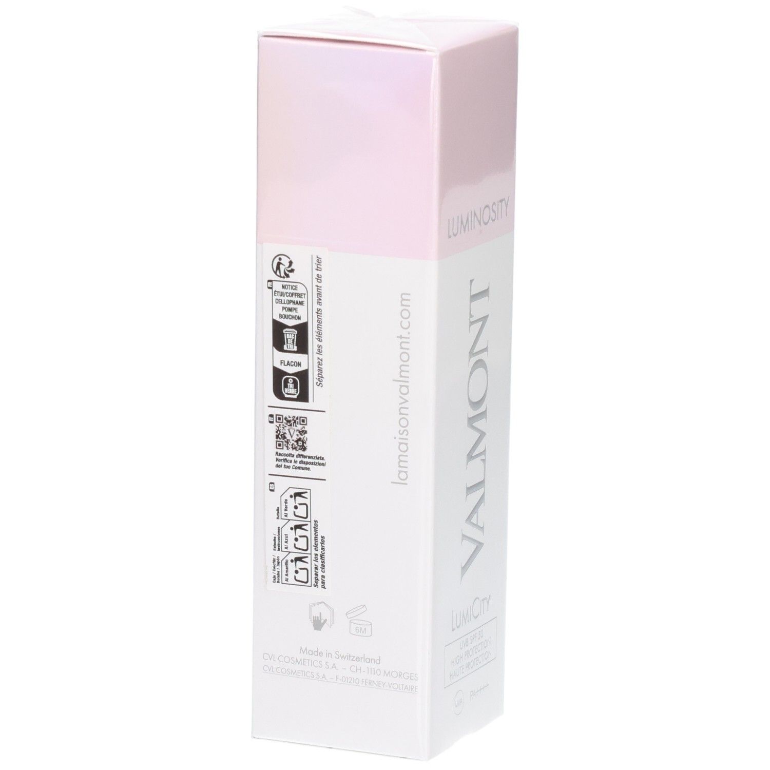 Rückseite der Valmont Luminosity LumiCity SPF50 Tagescreme-Verpackung mit Informationen.