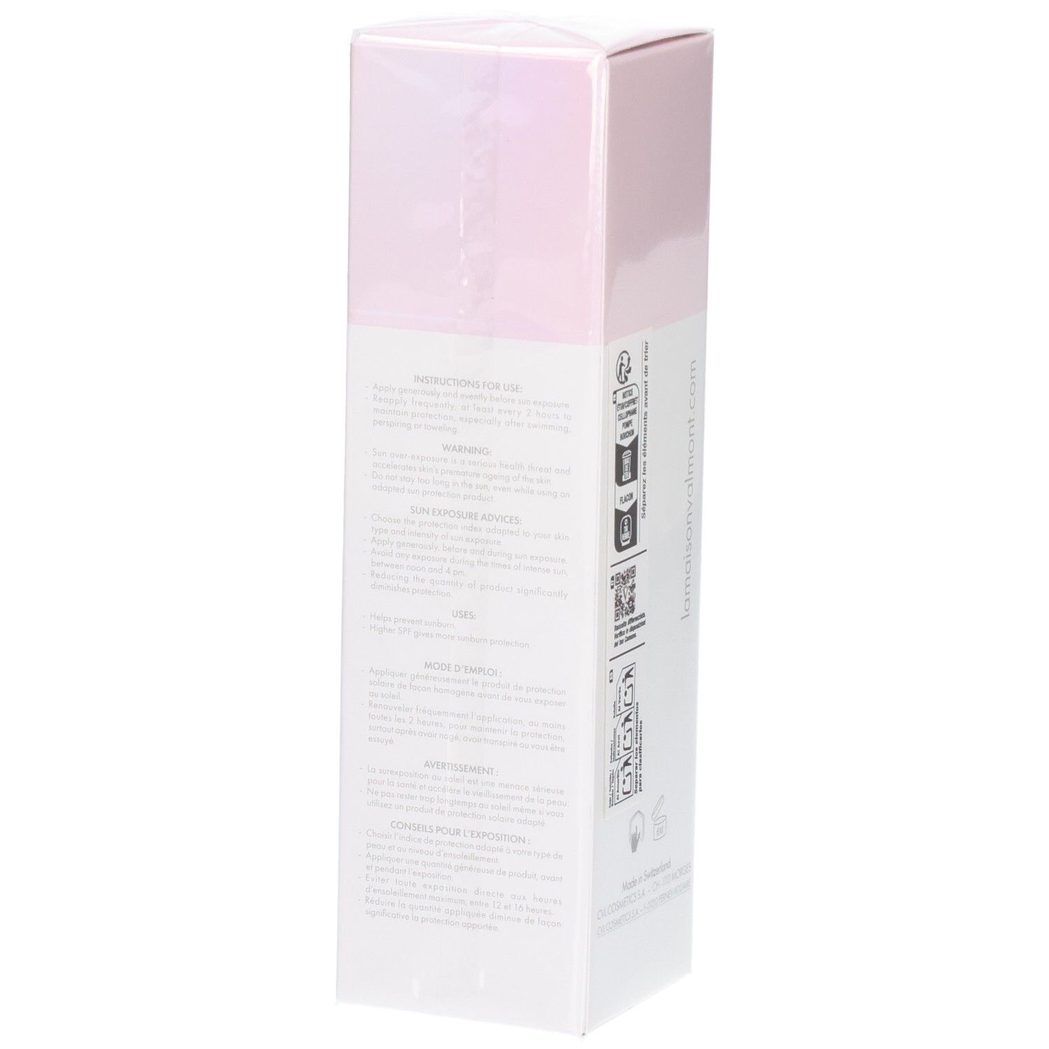 Seite der Valmont Luminosity LumiCity SPF50 Tagescreme-Verpackung mit Anwendungshinweisen.