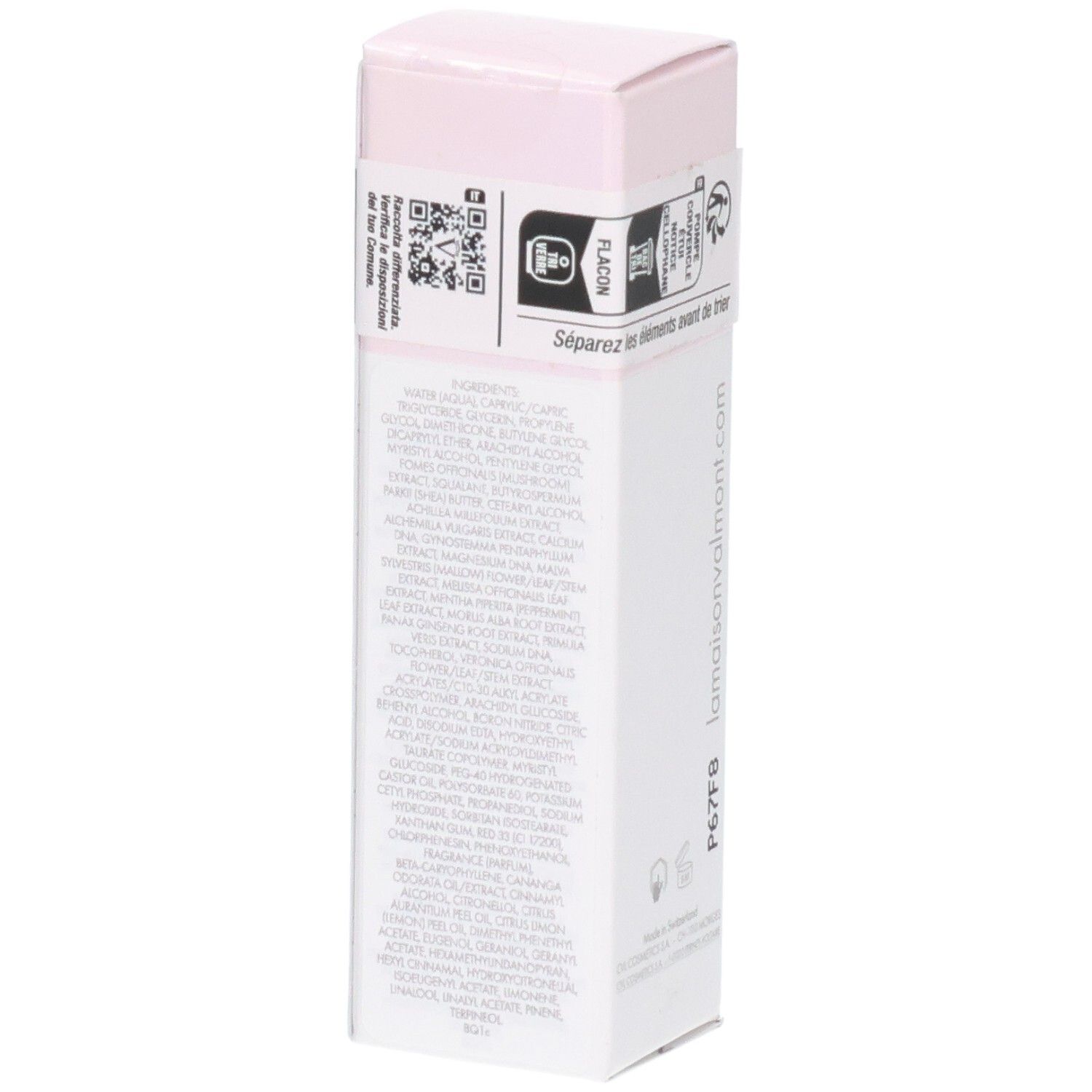 VALMONT LumiCream Faltschachtel, Seite mit detaillierter Inhaltsstoffliste.
