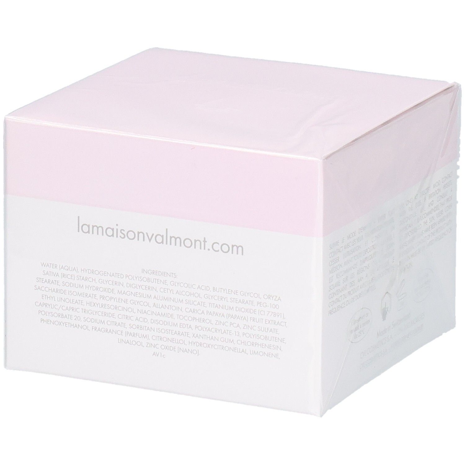 VALMONT LumiMask Verpackung mit Zutatenliste und lamaisonvalmont.com.