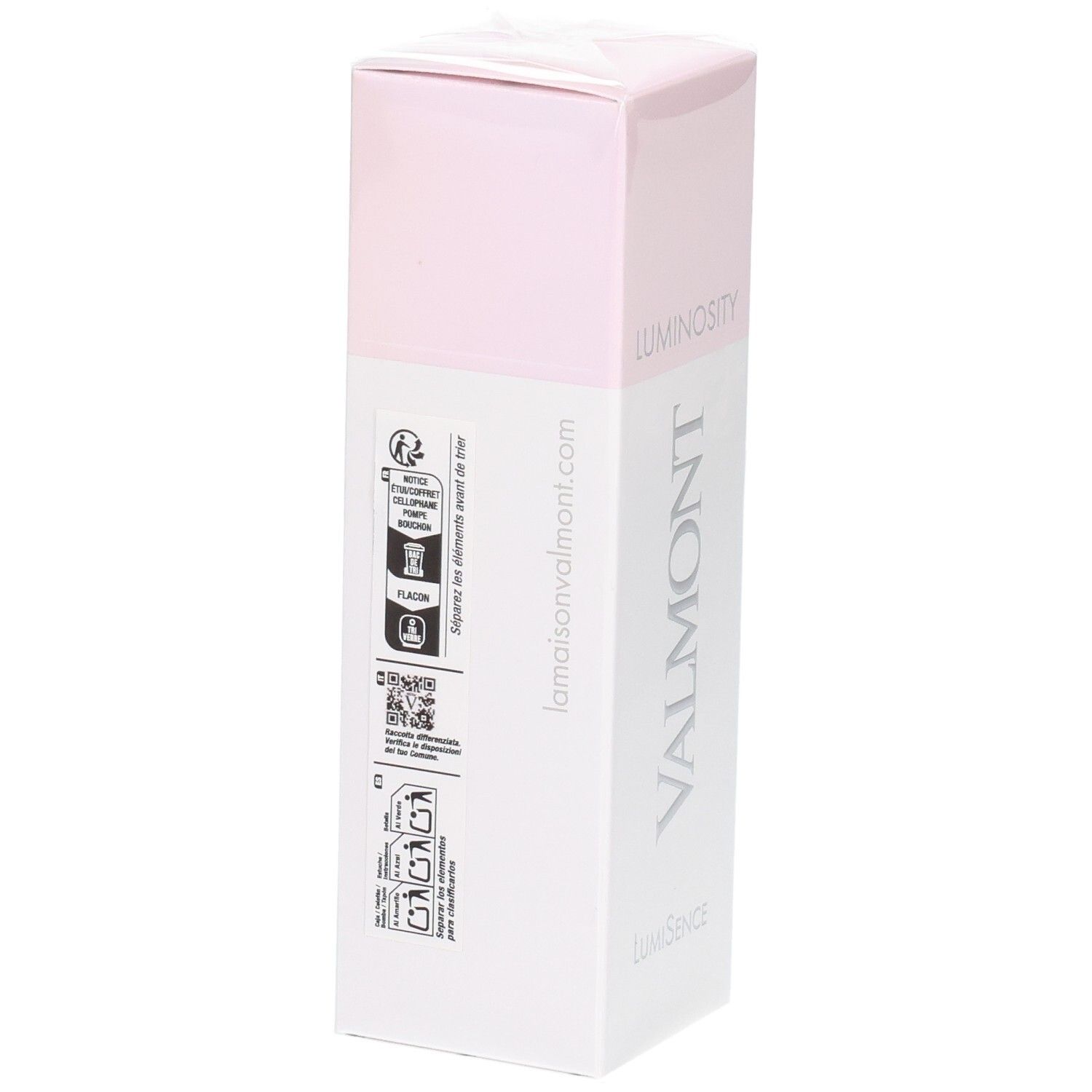 Valmont Luminosity Box: Rückseite mit Informationen und Website-Adresse.