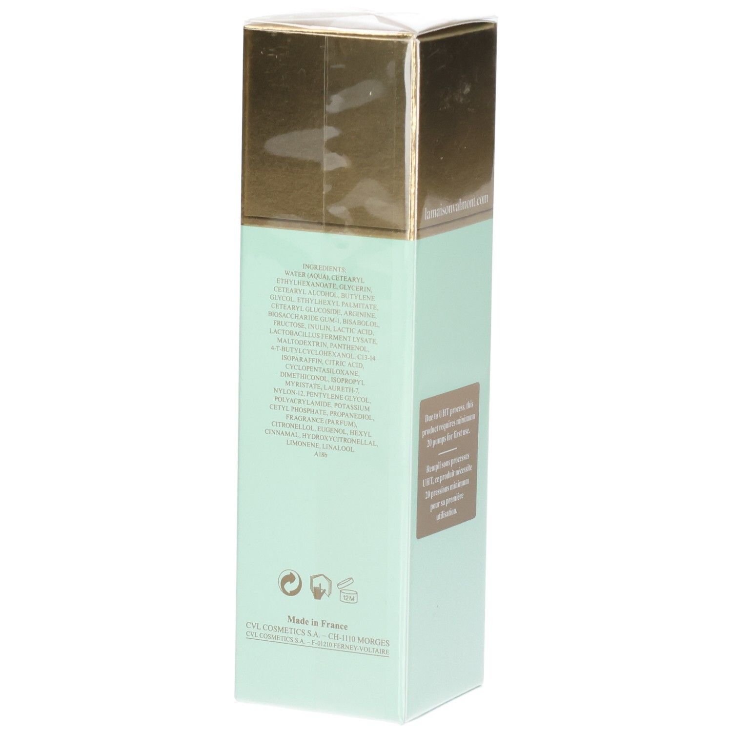 VALMONT Primary Cream Verpackung, Seite mit Inhaltsstoffen und Zertifizierungen.
