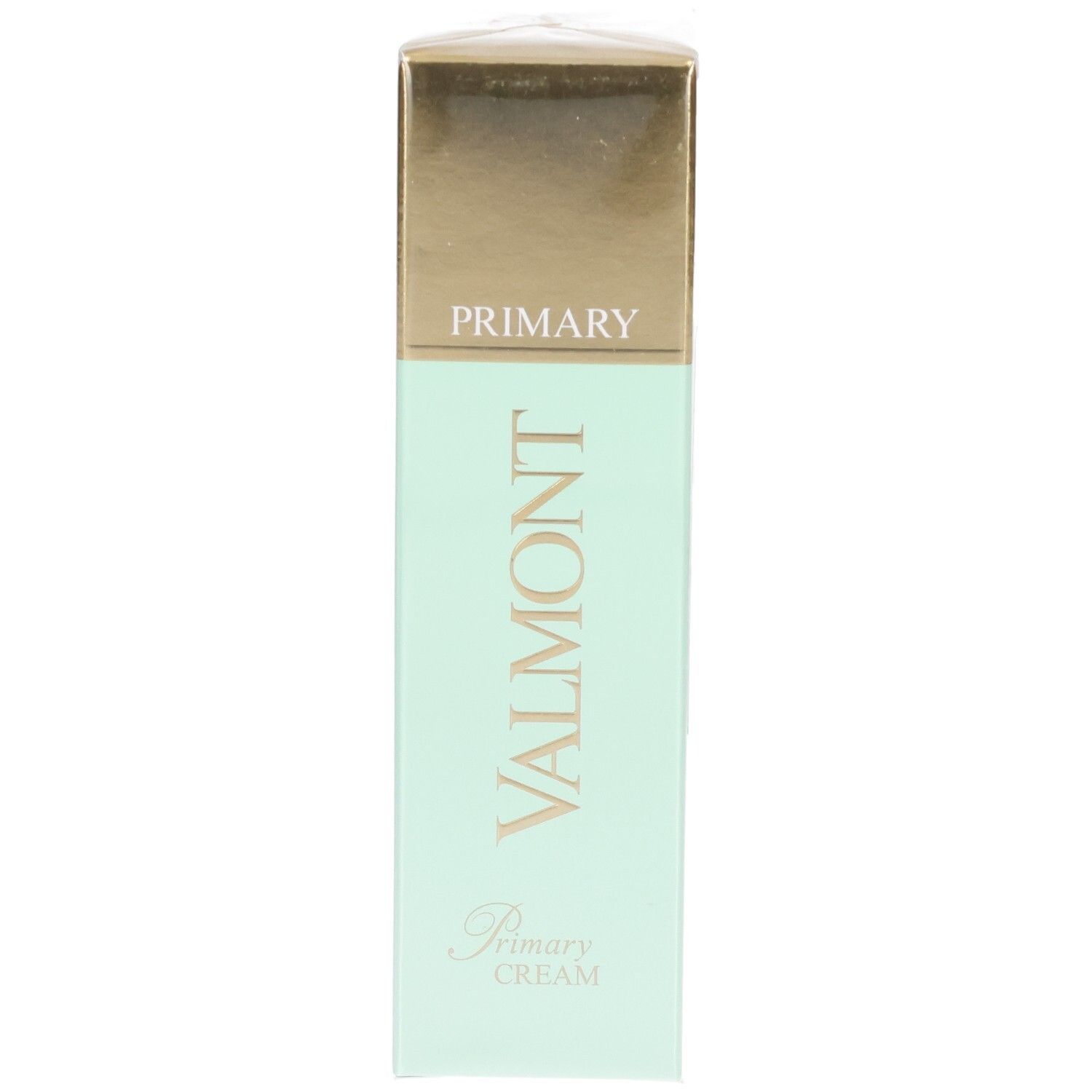 VALMONT Primary Cream Verpackung, mintgrün mit goldener Kappe und Logo.