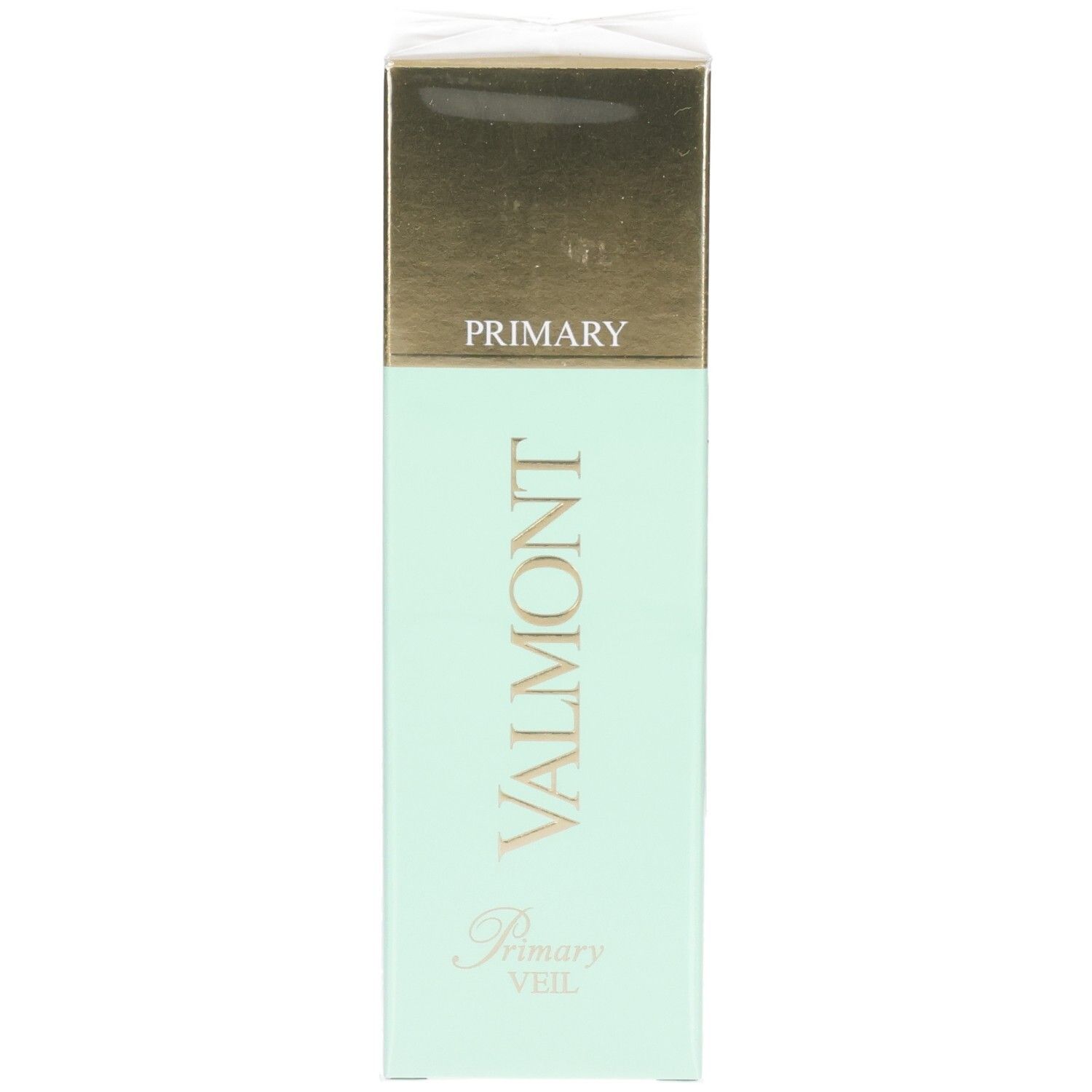 VALMONT Primary Veil Kosmetikverpackung, Vorderseite mit goldener und mintgrüner Oberfläche.