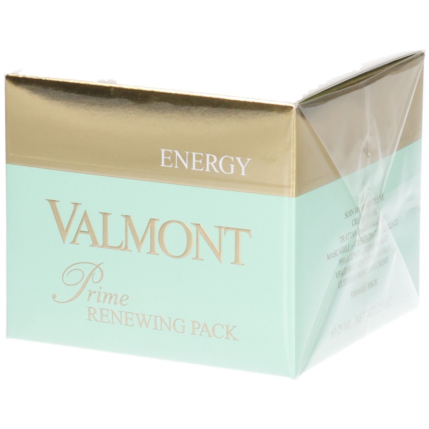 VALMONT Prime Renewing Pack Kartonverpackung mit gold- und mintgrünen Akzenten.