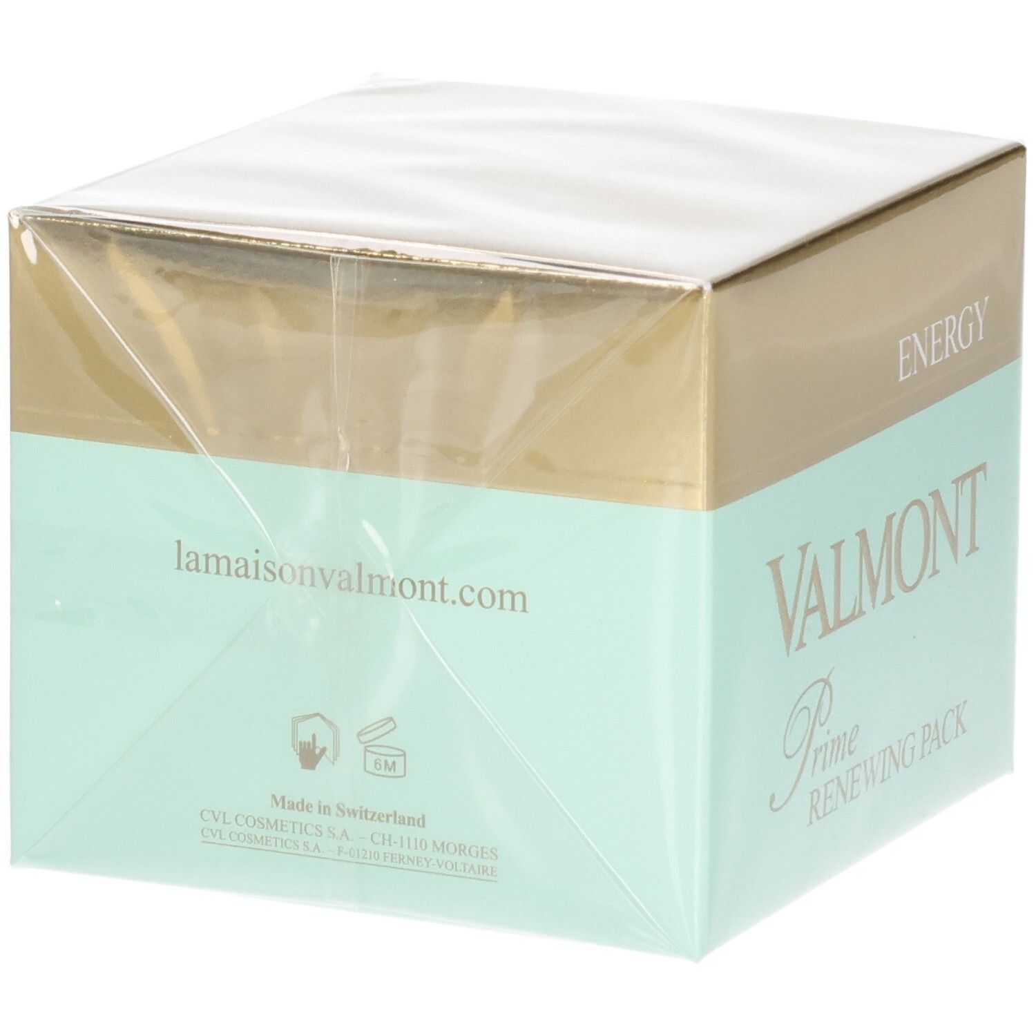VALMONT Prime Renewing Pack Kartonverpackung, Rückseite mit Website und Herstellungsangaben.