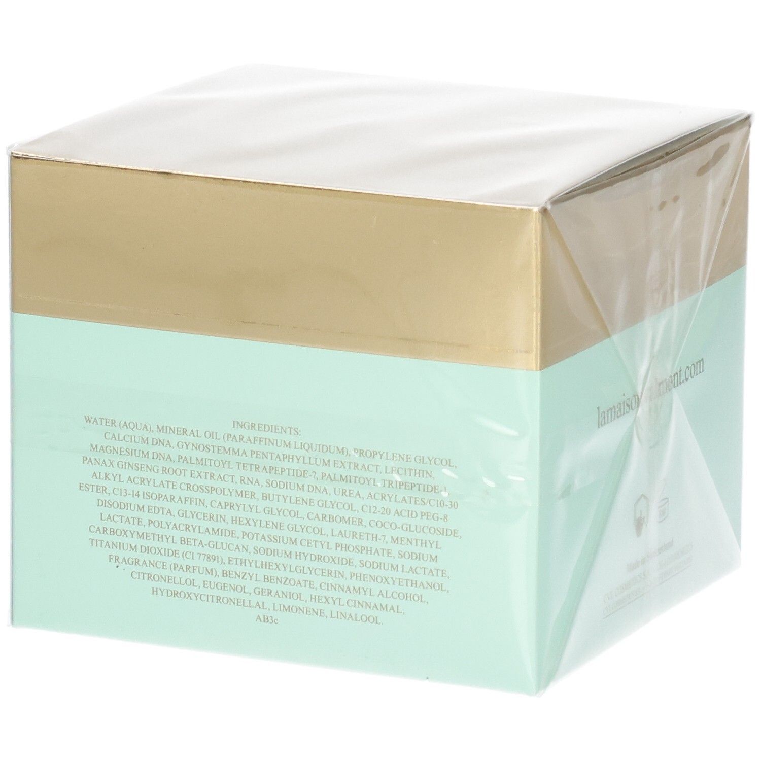 VALMONT Prime Renewing Pack Kartonverpackung, Seite mit Inhaltsstoffliste.