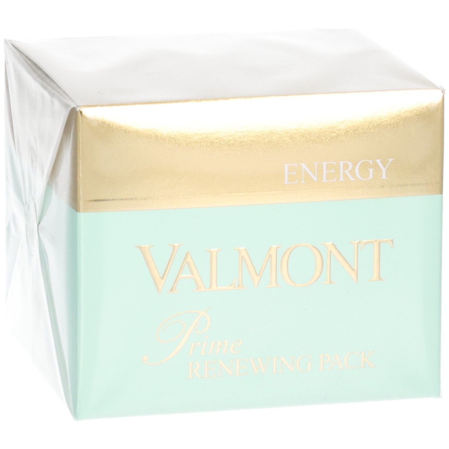 VALMONT Prime Renewing Pack Kartonverpackung, schräg von vorne mit gold- und mintgrünen Akzenten.