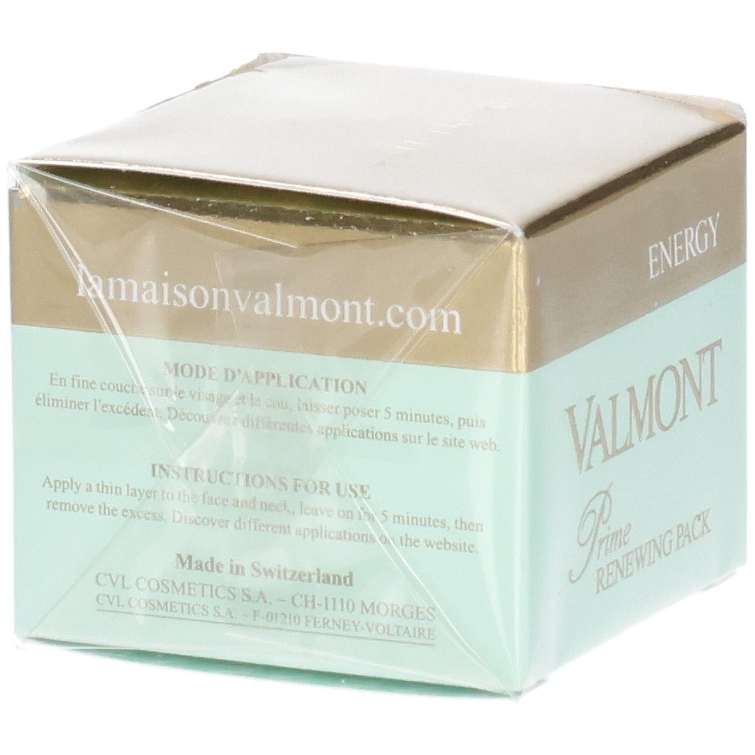 VALMONT Prime Renewing Pack, Rückseite der Verpackung mit Anwendungshinweisen und Website.