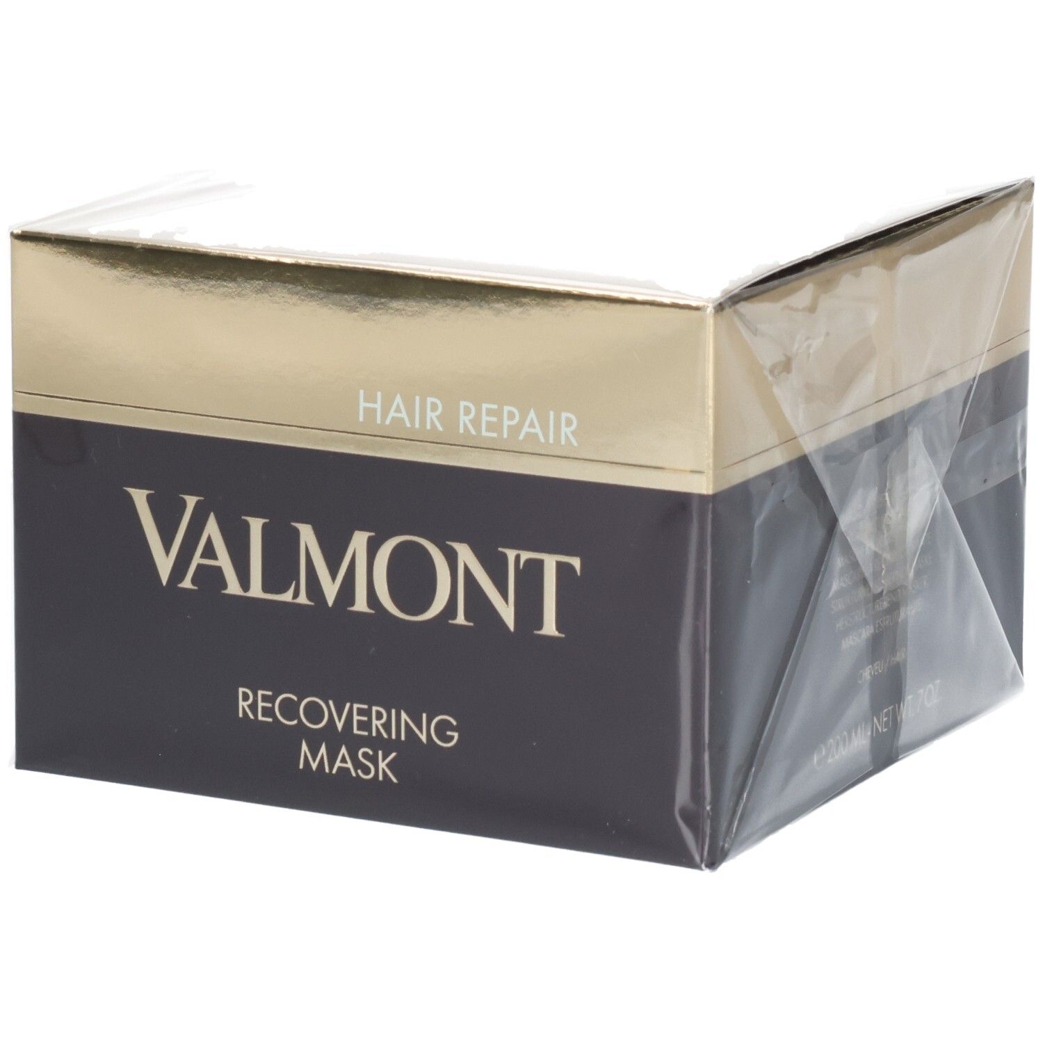 Valmont Recovering Mask Haarmaske in dunkler Verpackung mit goldenen Akzenten.