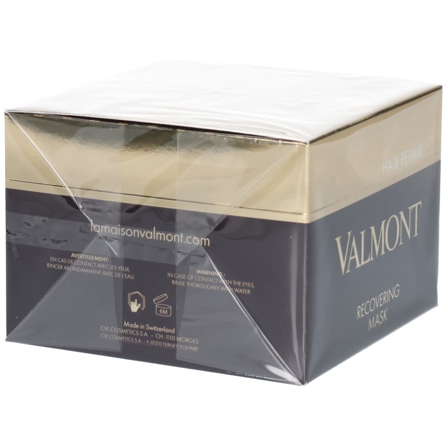 Valmont Recovering Mask Haarmaske, Rückseite der Verpackung mit Warnhinweisen und Website.