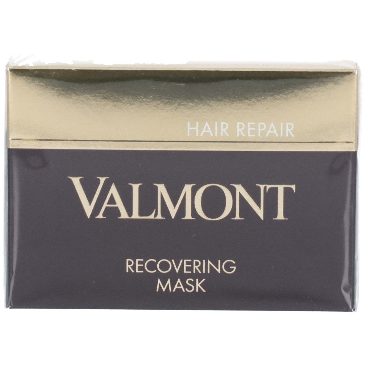 Valmont Recovering Mask Haarmaske, Vorderseite der dunklen Verpackung mit goldenem Deckel.