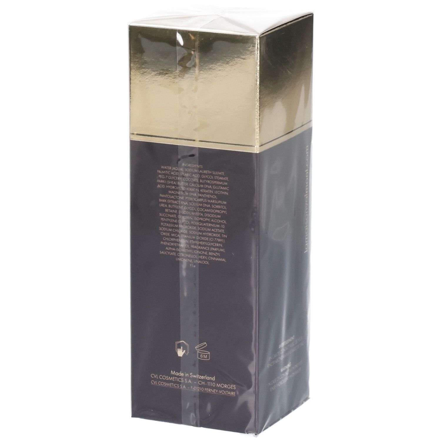 Rückseite der Valmont Regenerating Cleanser Verpackung mit Inhaltsstoffen und Herkunftsangabe.