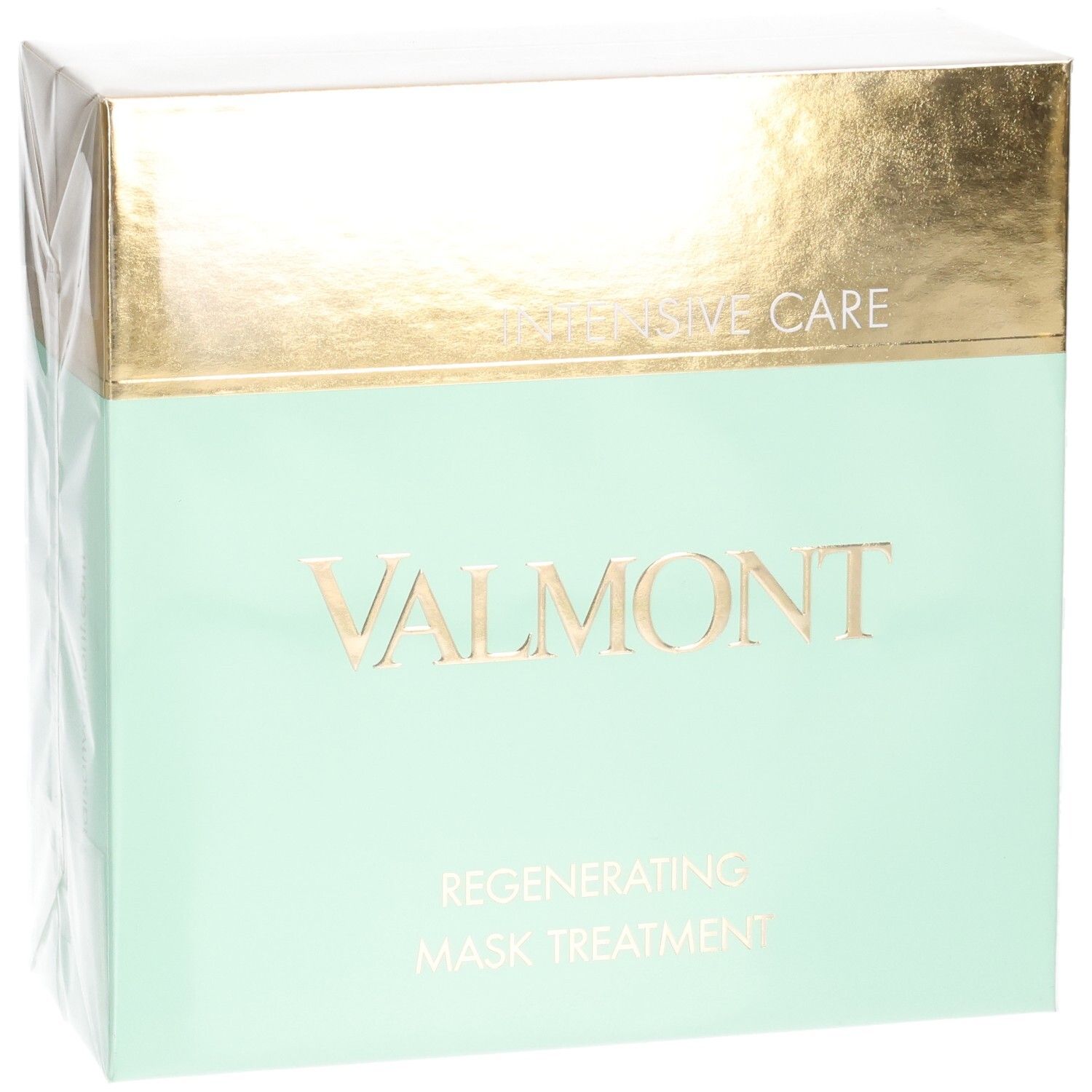 Valmont Regenerating Mask Treatment doos met gouden en mintgroene verpakking.