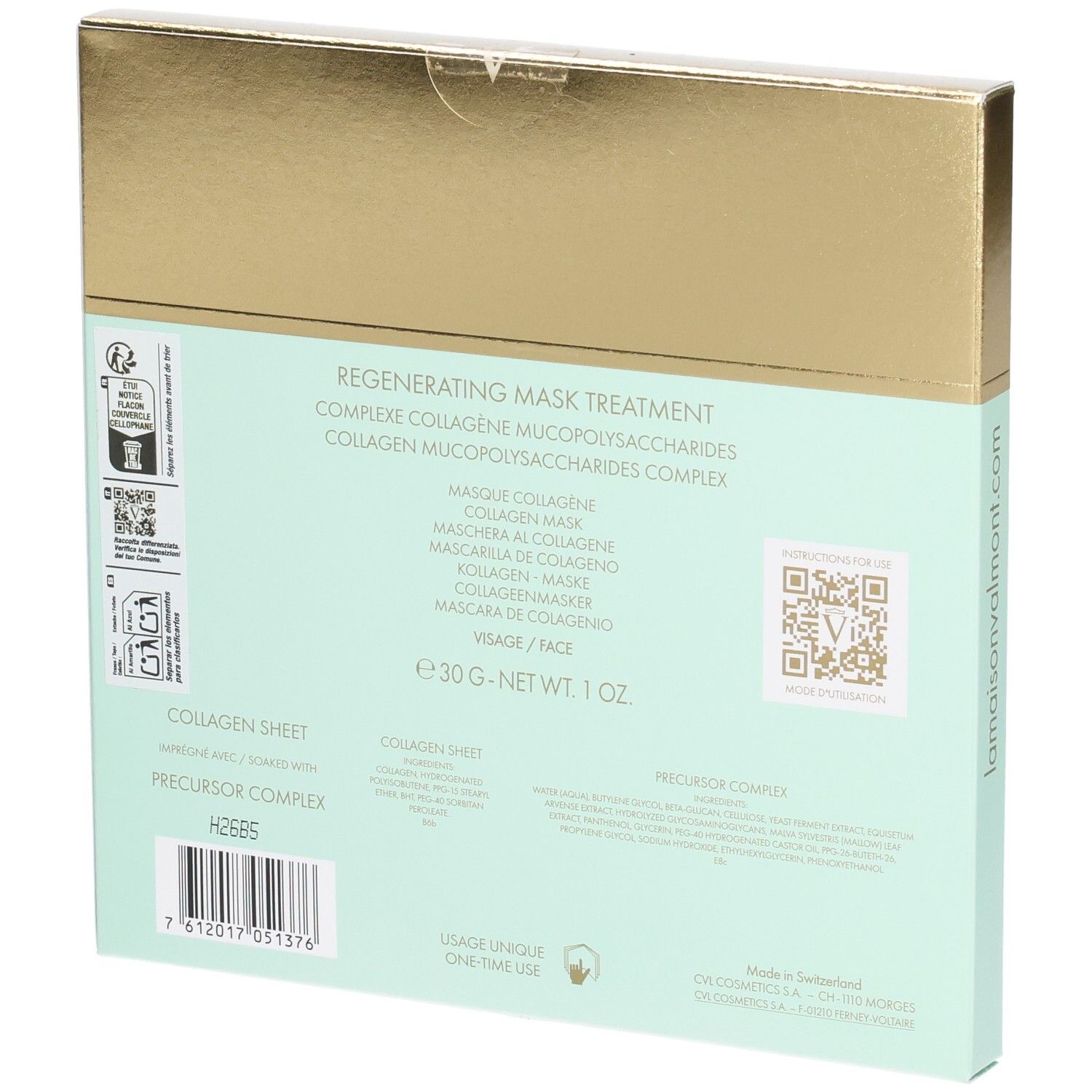 VALMONT Regenerating Mask Treatment Packung, Rückseite mit Details.