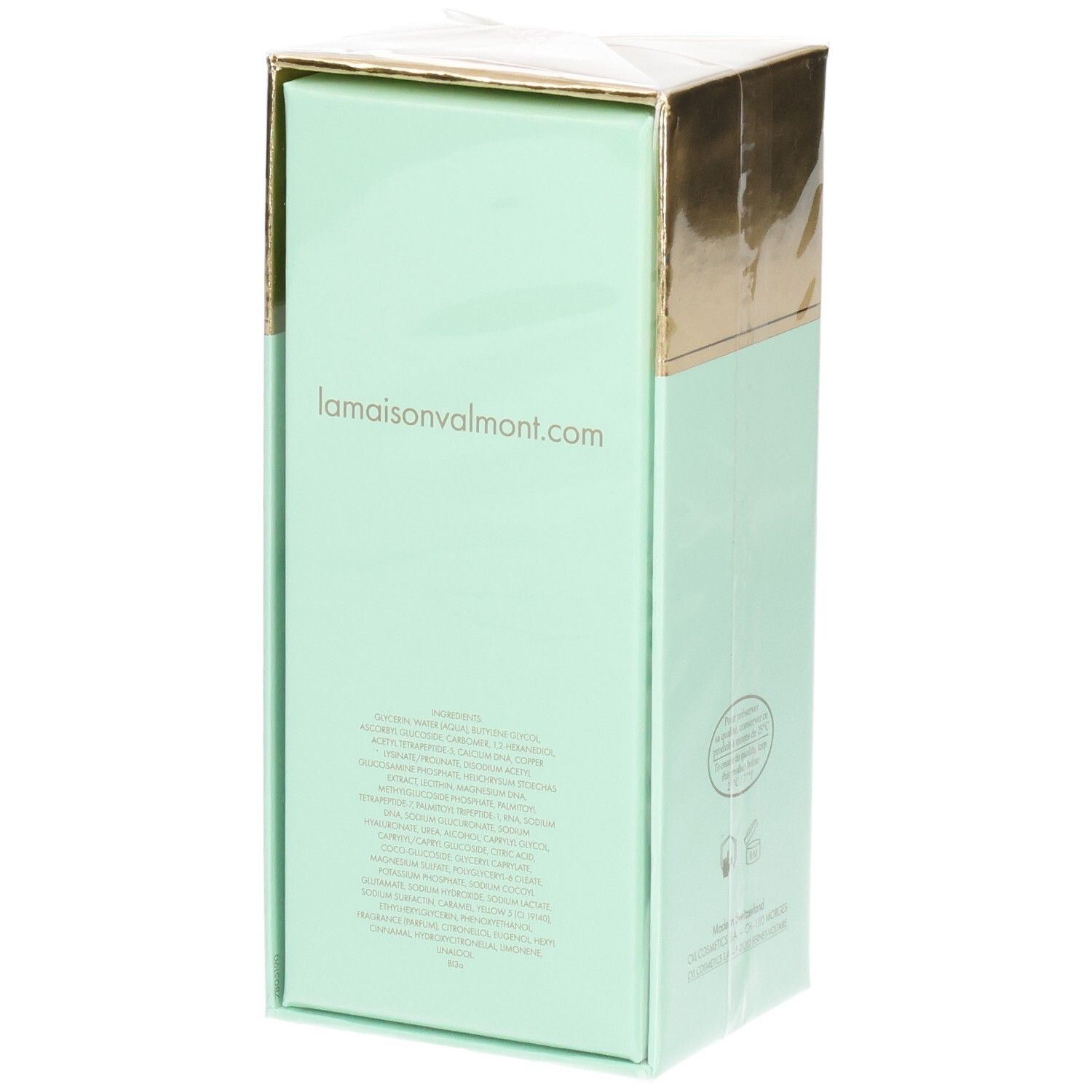VALMONT V-Firm Eye Verpackung, Seite mit Inhaltsstoffen und lamaisonvalmont.com.