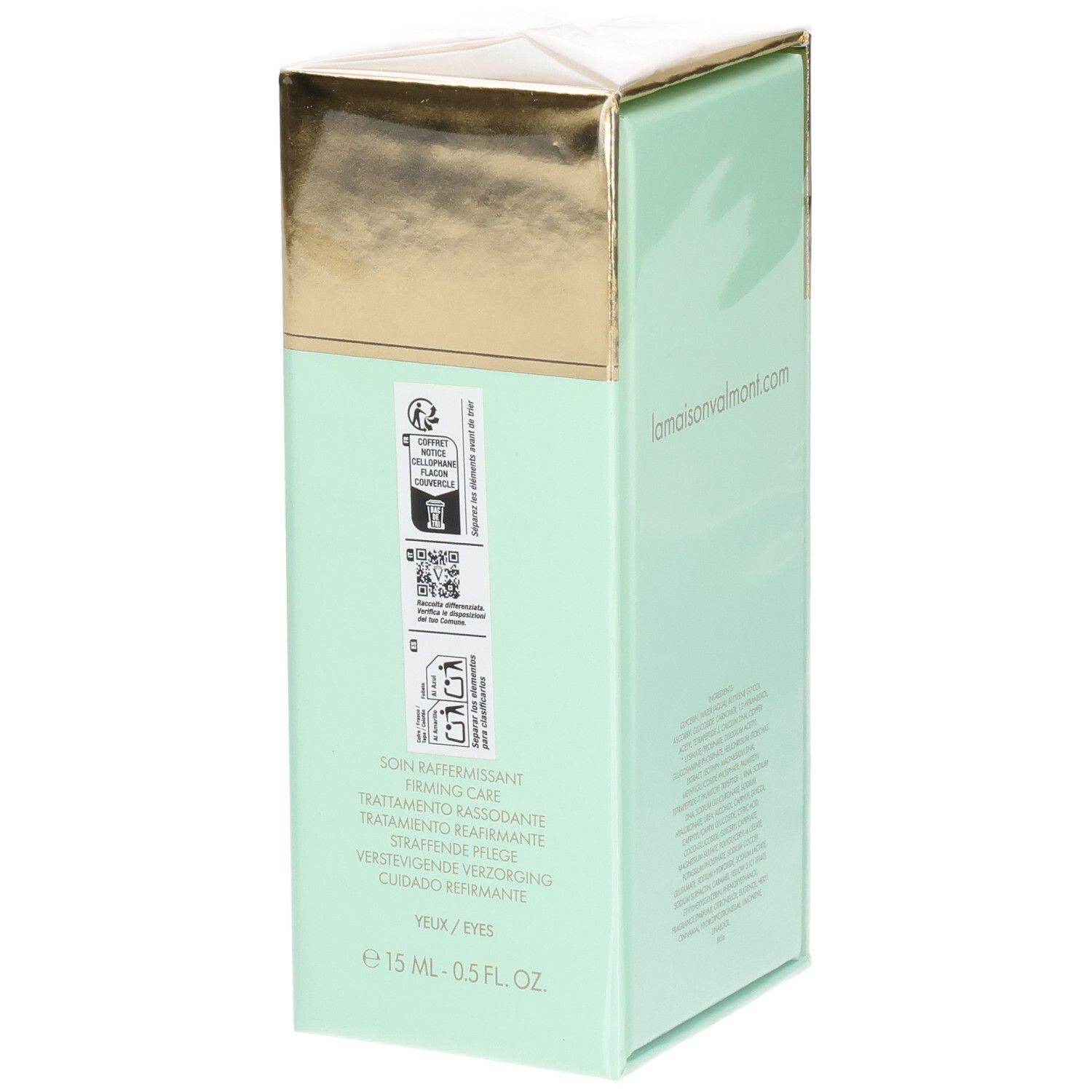 VALMONT V-Firm Eye Verpackung, Seite mit Produktinformationen und 15 ml.