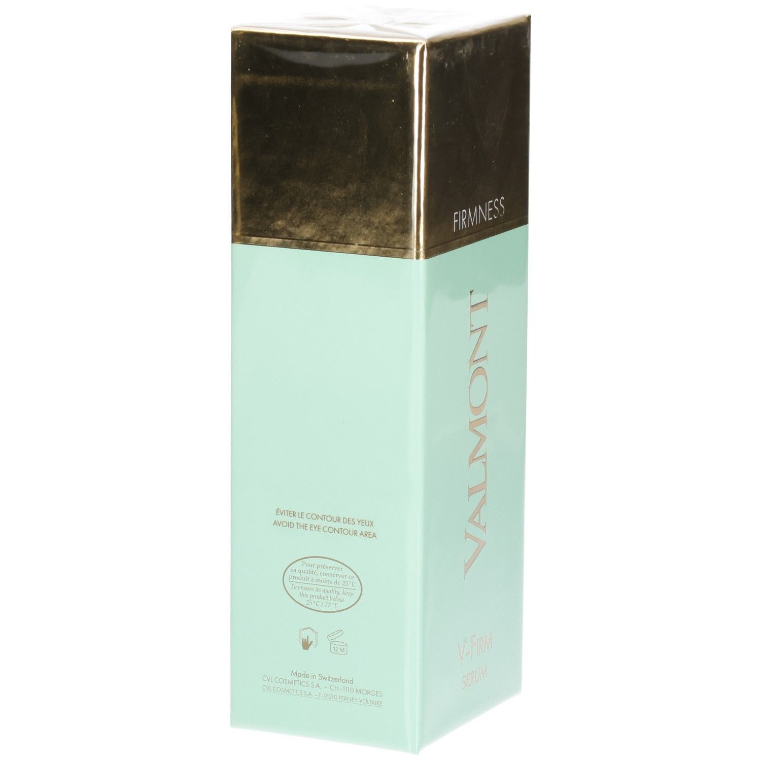 VALMONT V-Firm Serum Karton, Rückseite mit Produktinformationen und Siegeln.