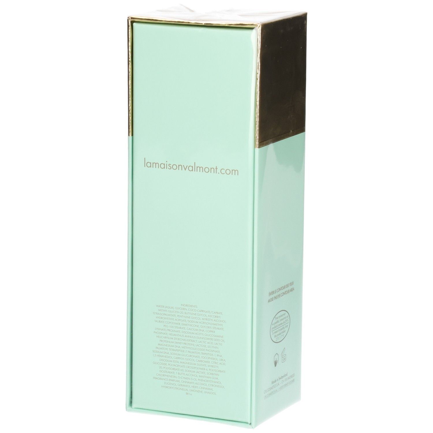VALMONT V-Firm Serum Karton, Seite mit Website-Adresse und Text.