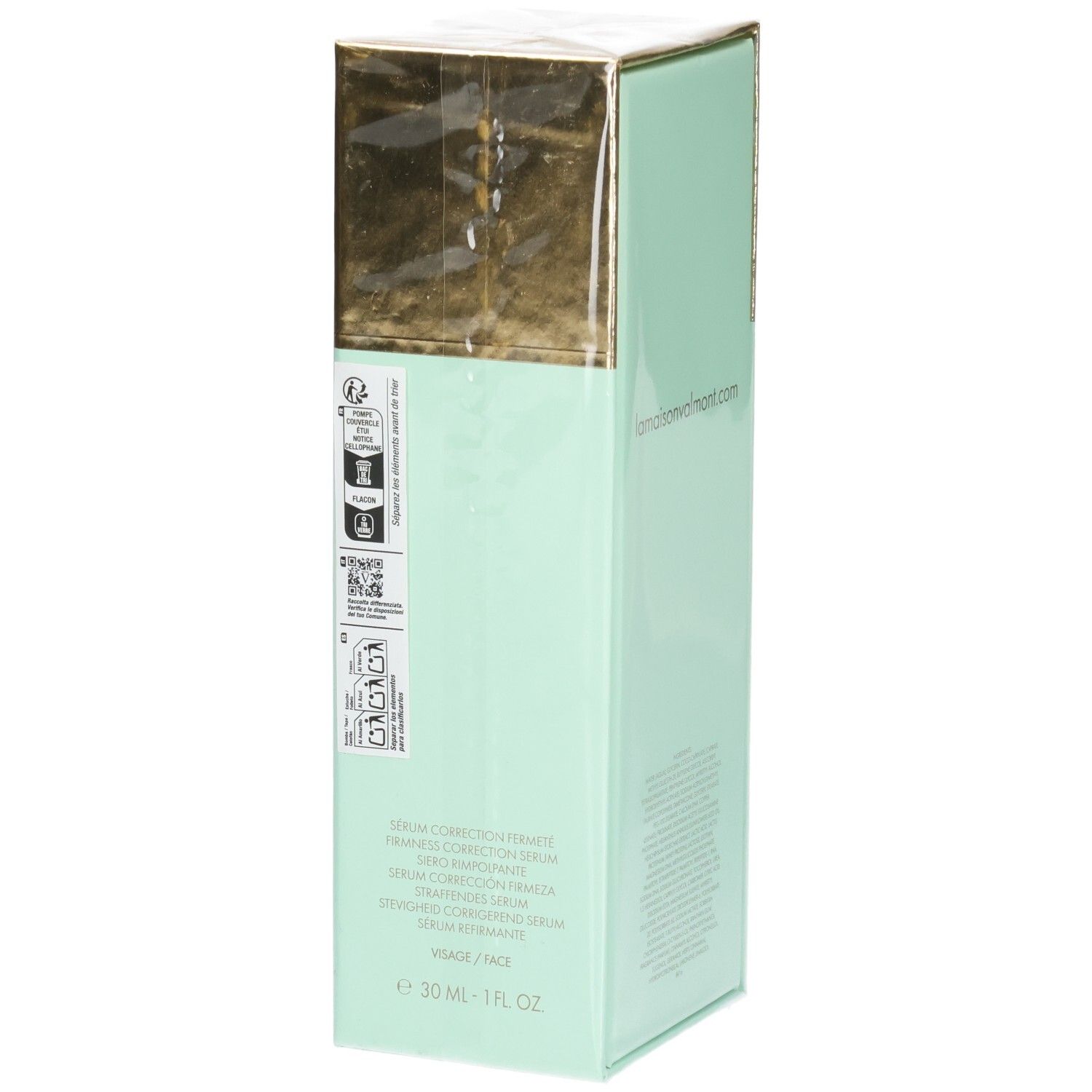 VALMONT V-Firm Serum Karton, Seite mit Siegeln und Produktbezeichnung.
