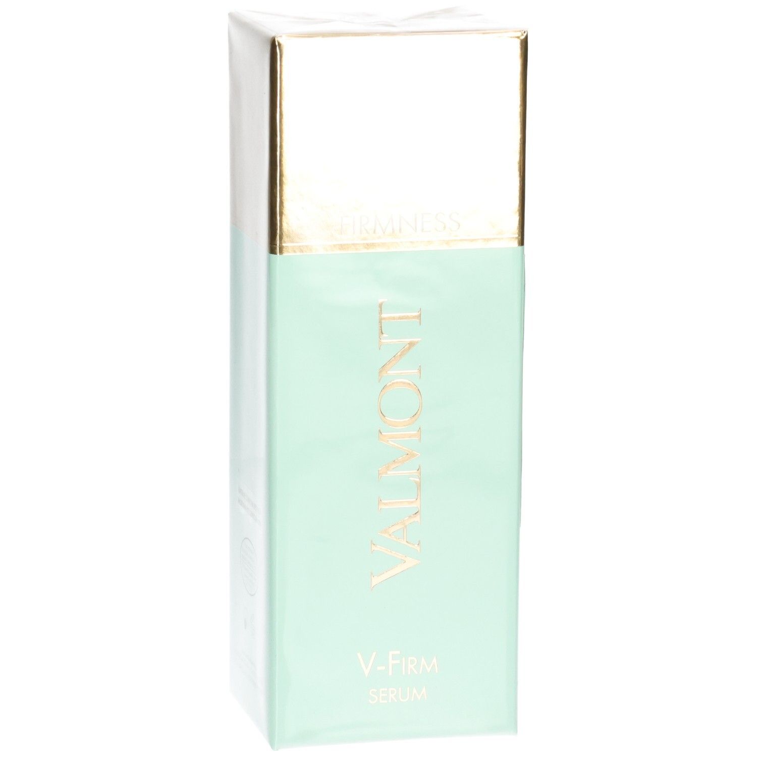 VALMONT V-Firm Serum Karton, Vorderseite mit goldener Kappe.