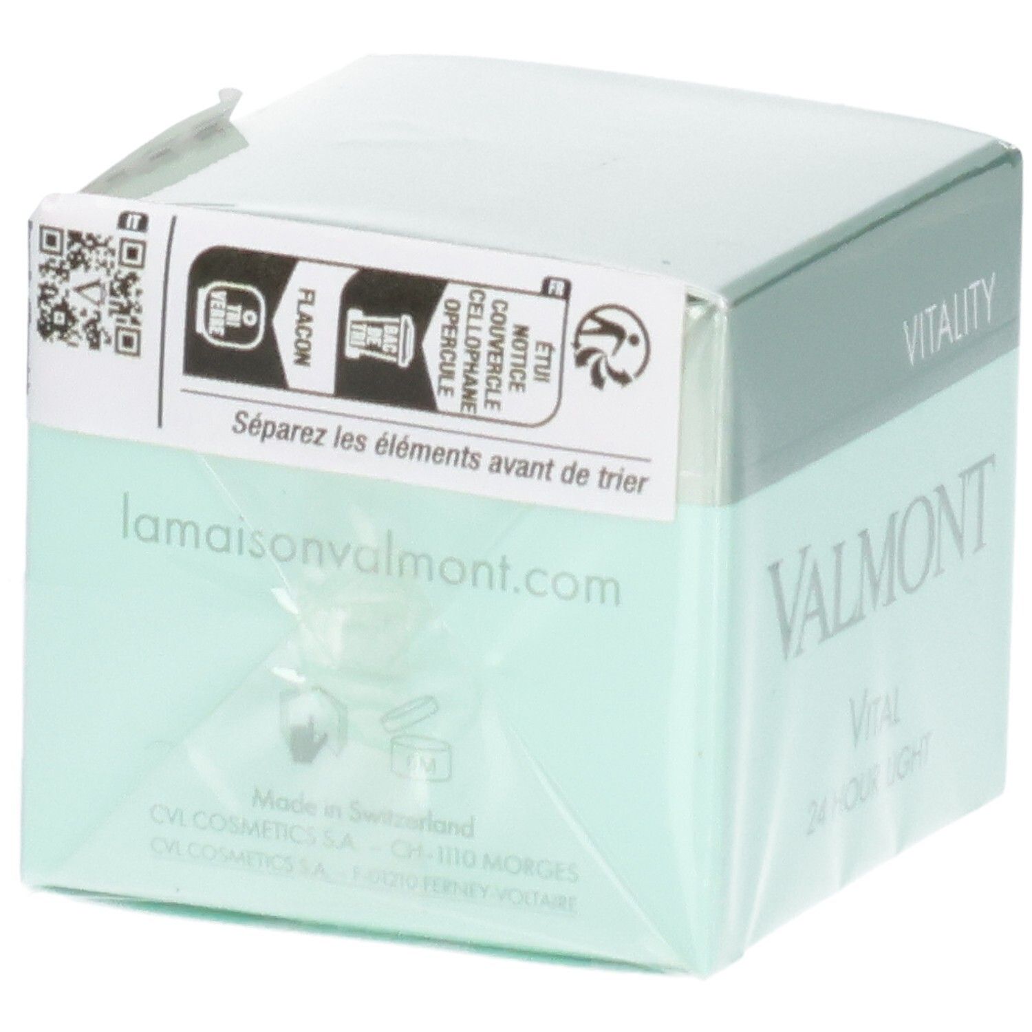 VALMONT Vital 24 Hour Light Creme Verpackung mit QR-Code und Sortieranleitung.