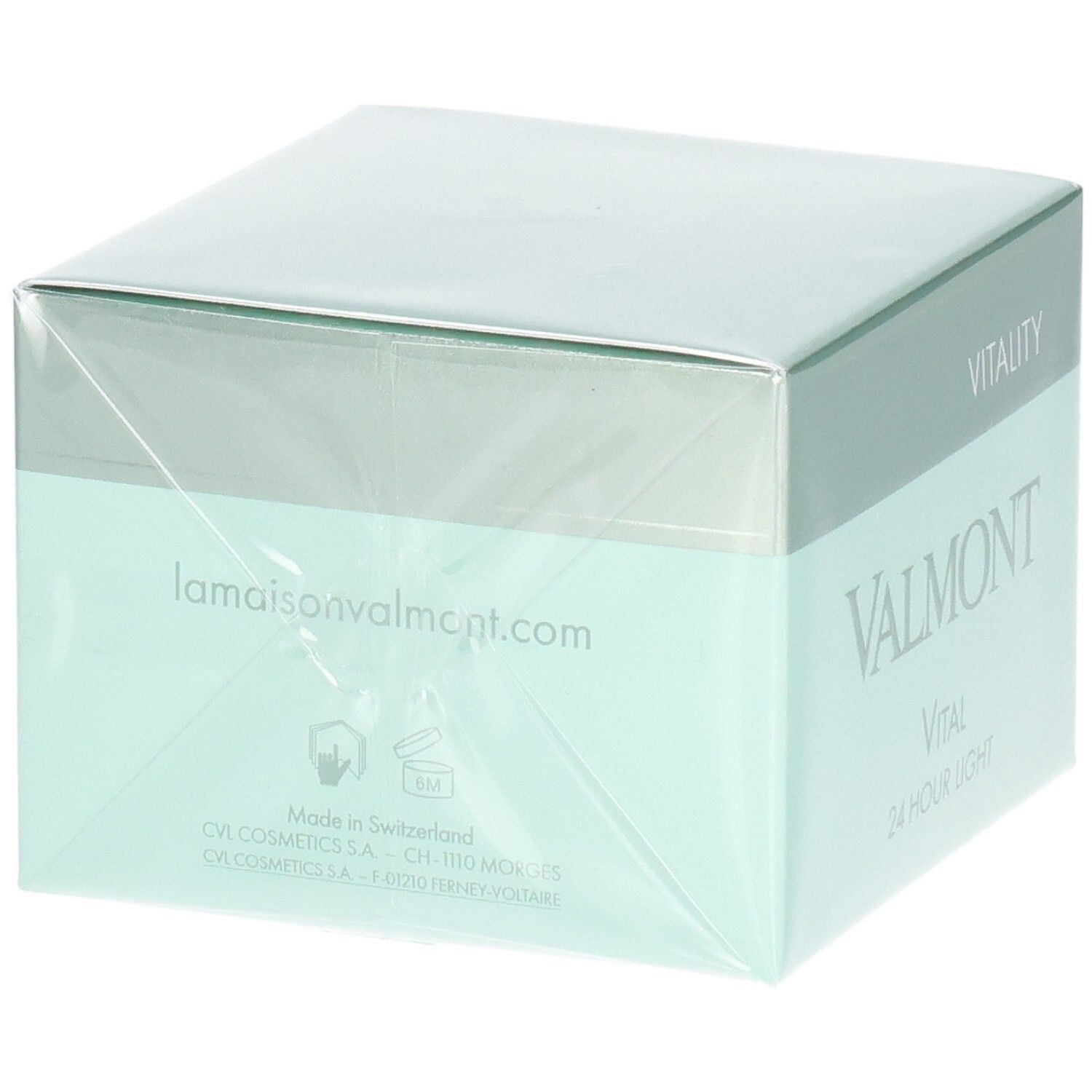 VALMONT Vital 24 Hour Light Creme Verpackung. Rückseite mit Website, Herstellungsort und Symbolen.