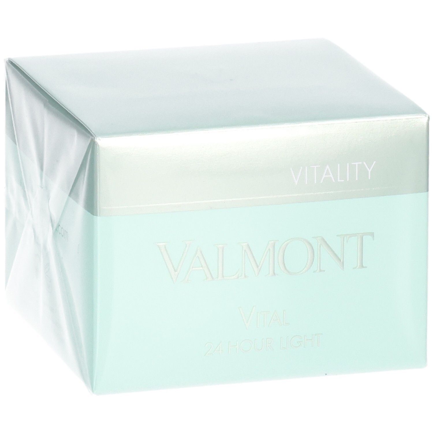 VALMONT Vital 24 Hour Light Creme Verpackung. Schrägansicht der hellgrünen und silbernen Box.