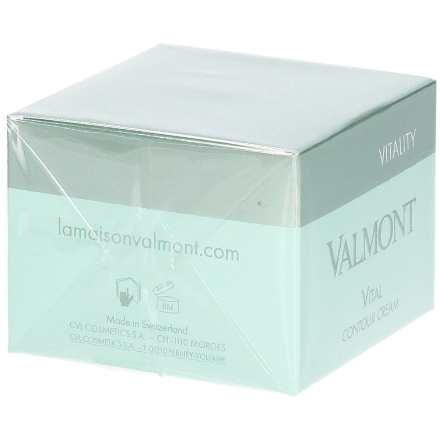 Valmont Vital Contour Cream Verpackung mit Website und Herkunftsangabe.