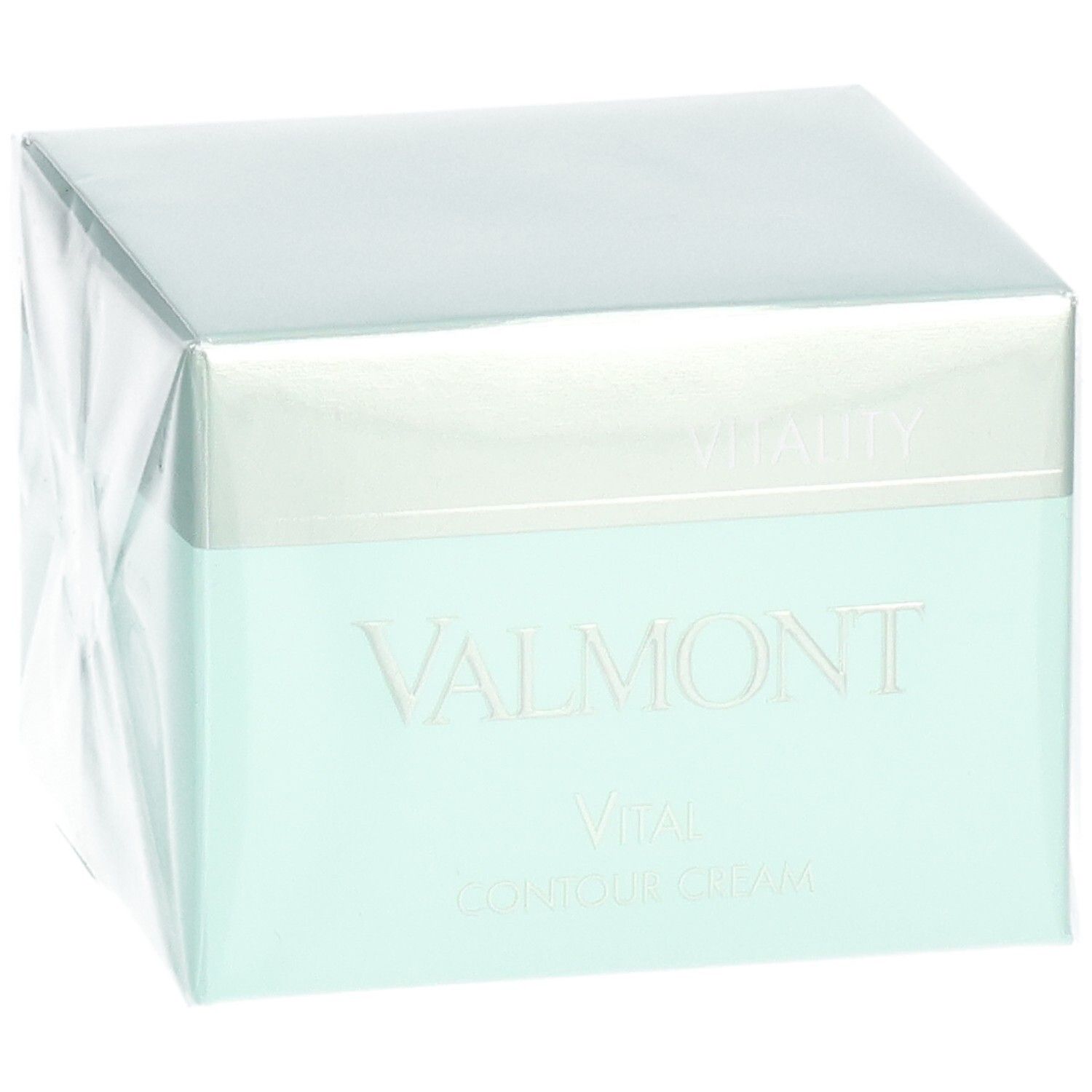 Valmont Vital Contour Cream Verpackung, mintgrün und silber, schräg.