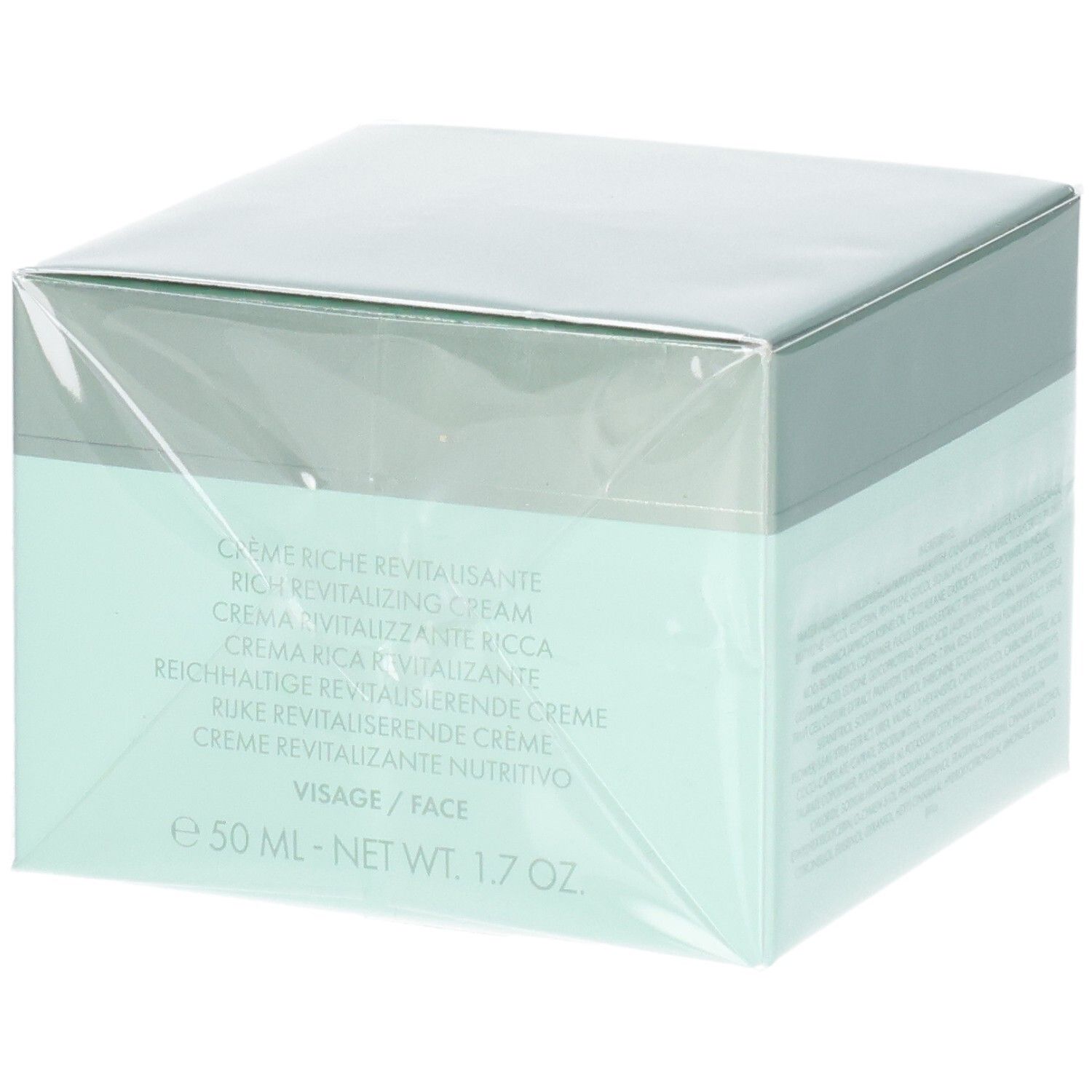 Valmont Vital Regenera I Rich Creme Verpackung, Seite mit Produktnamen in mehreren Sprachen und Größe.