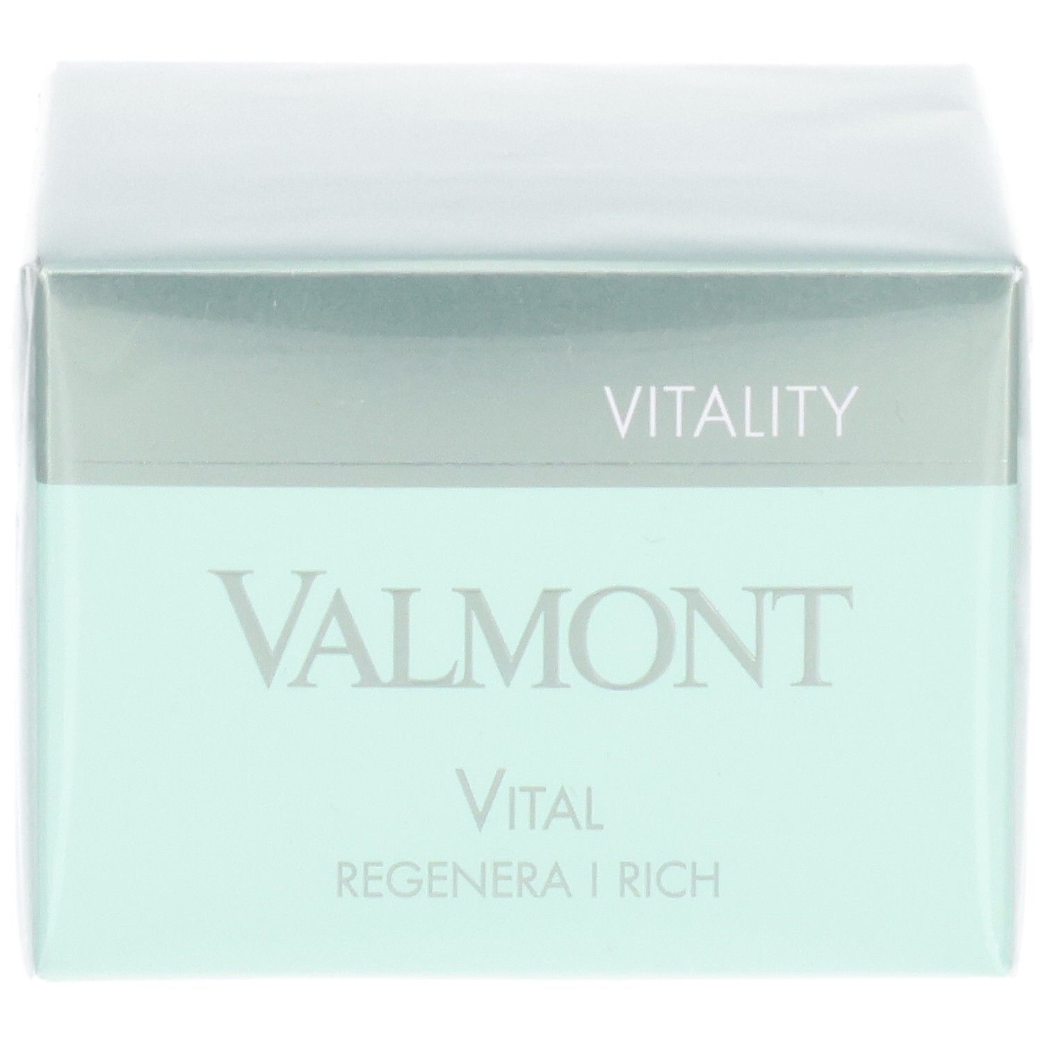 Valmont Vital Regenera I Rich Creme Verpackung, Vorderseite mit Markennamen und Produktlinie.